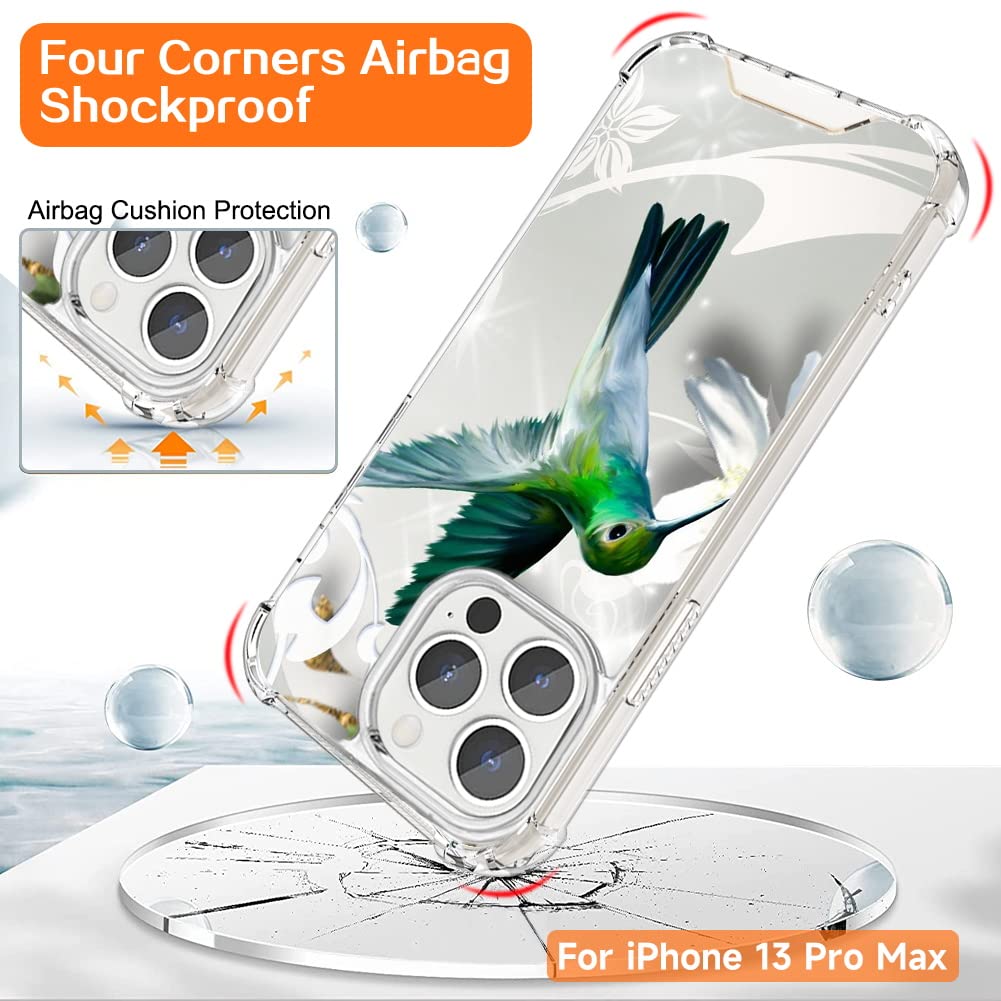 Premium Clear Shockproof Phone Case for iPhone 13 Pro Max - Elegant Green Hummingbird Design with 4-Corner Protection | Slim Protective Cover for Everyday Use, Outdoor Activities & Travel