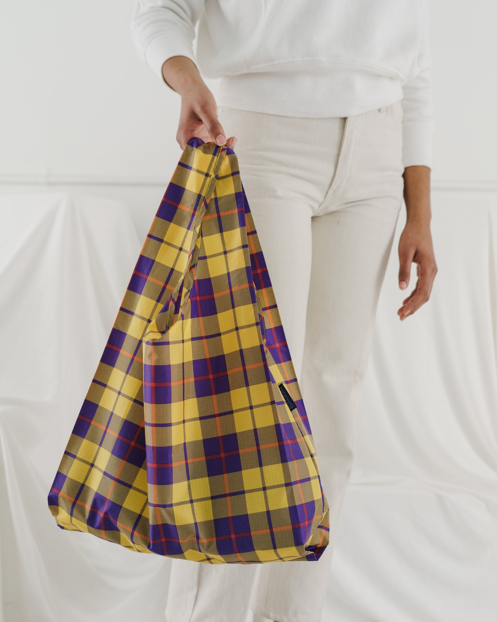 Baggu Standard Reusable Shopping Bag - Eco-Friendly Foldable Grocery Tote in Yellow Tartan Plaid for Groceries, Beach, and Travel