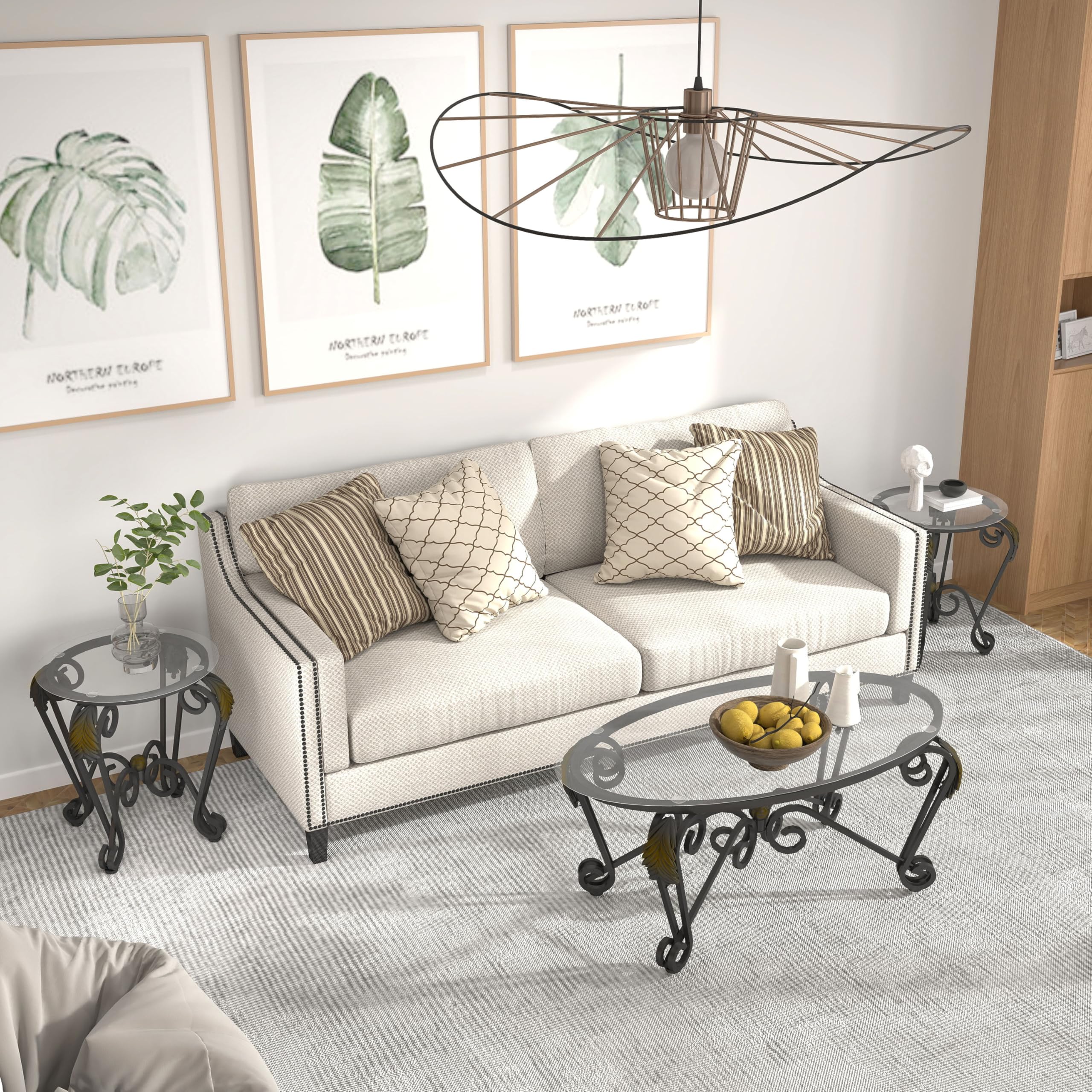 **Industrial Farmhouse 3-Piece Coffee Table Set - Tempered Glass Elliptical Coffee Table & 2 Round Side Tables, Modern Metal Frame for Living Room, Apartment, Home Office (Rustic Black) - Perfect for Cozy Gatherings & Stylish Home Decor**