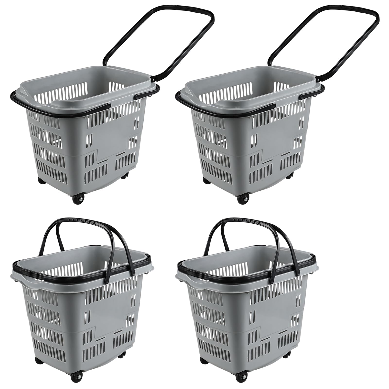 4 Pack 50L Rolling Shopping Basket with Wheels & Handles - Durable Plastic Grocery Cart for Supermarket, Warehouse, Retail Store - Grey (Ideal for Shopping, Storage & Home Organization)