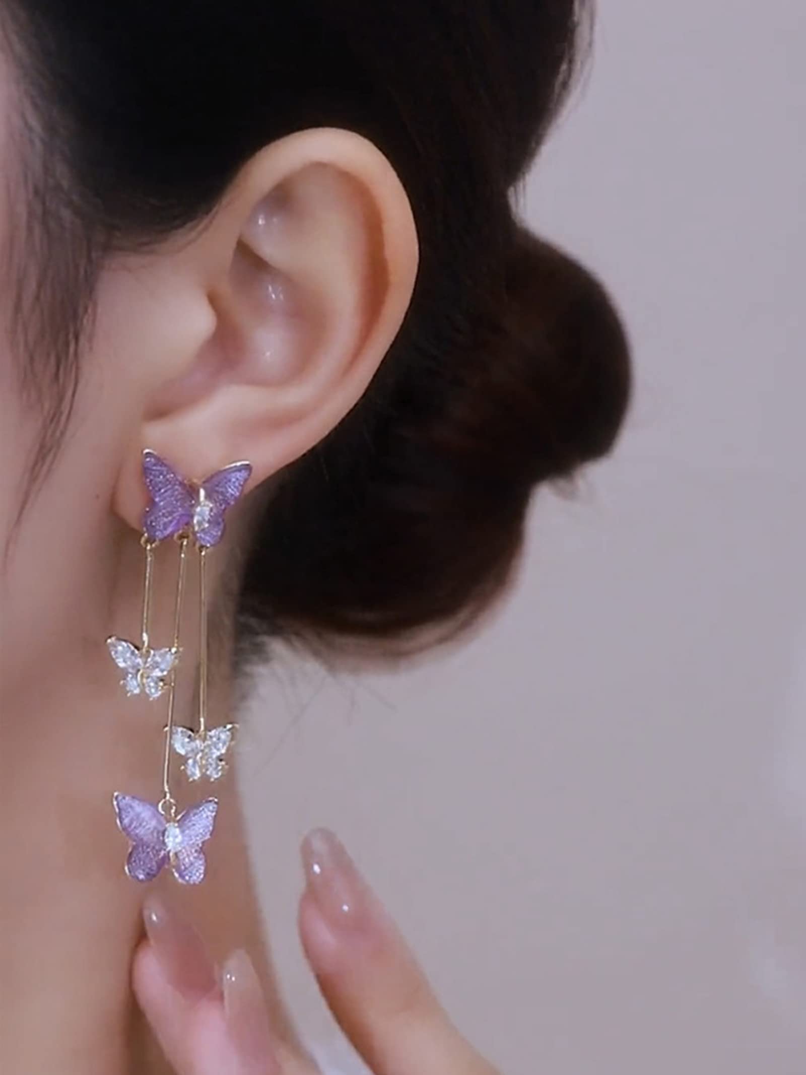 Elegant Purple Crystal Butterfly Dangle Earrings for Women - Trendy Tassel Jewelry Gift for Concerts, Parties & Evening Dresses
