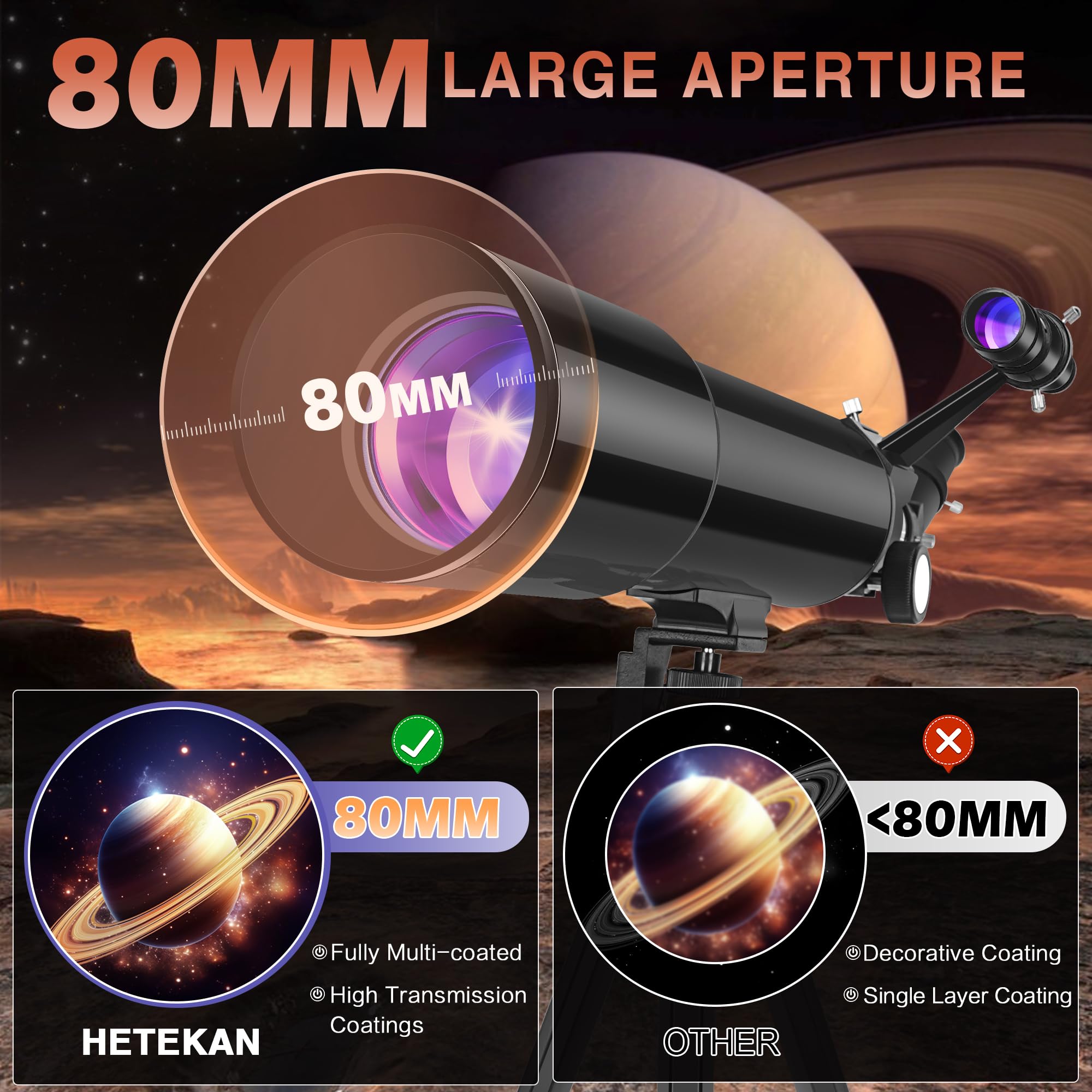 High-Powered 80mm Aperture Refractor Telescope for Adults & Beginners - 180X Magnification Astronomy Telescope with Phone Adapter & Carrying Bag - Perfect for Moon Observation, Stargazing, and Outdoor Adventures