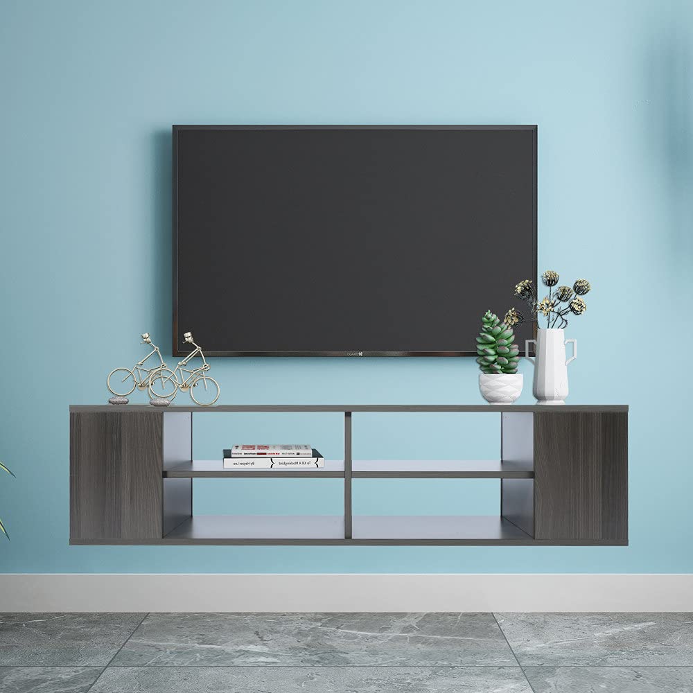 Wall Mounted Floating TV Stand - Modern Oak Wood Media Console with Adjustable Height & Storage Shelves - Perfect for Living Room, Bedroom & Home Theater Setup