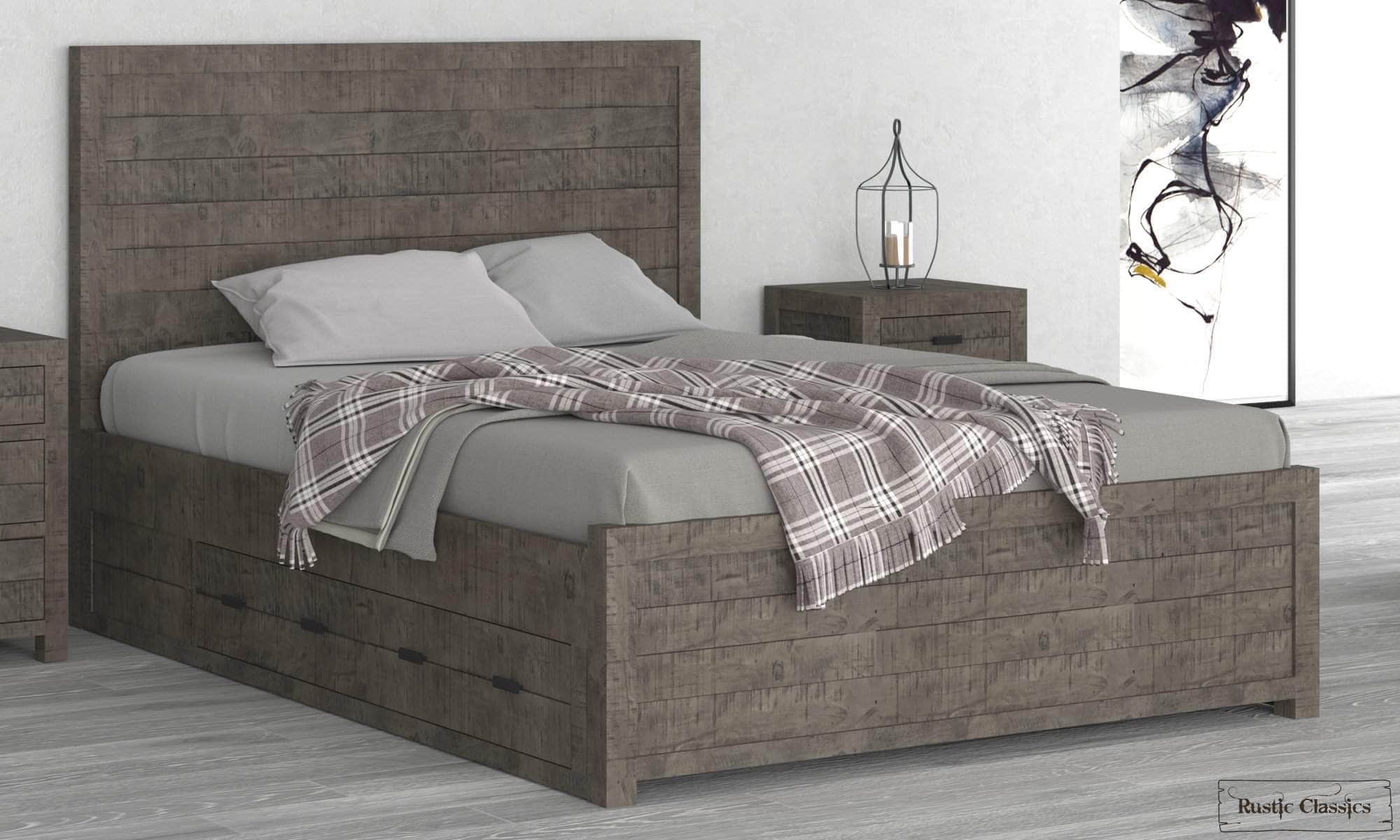 Whistler Grey Reclaimed Wood Platform Bed with 4 Storage Drawers - Queen & King Size - Perfect for Modern Bedroom, Guest Room & Small Space Organization