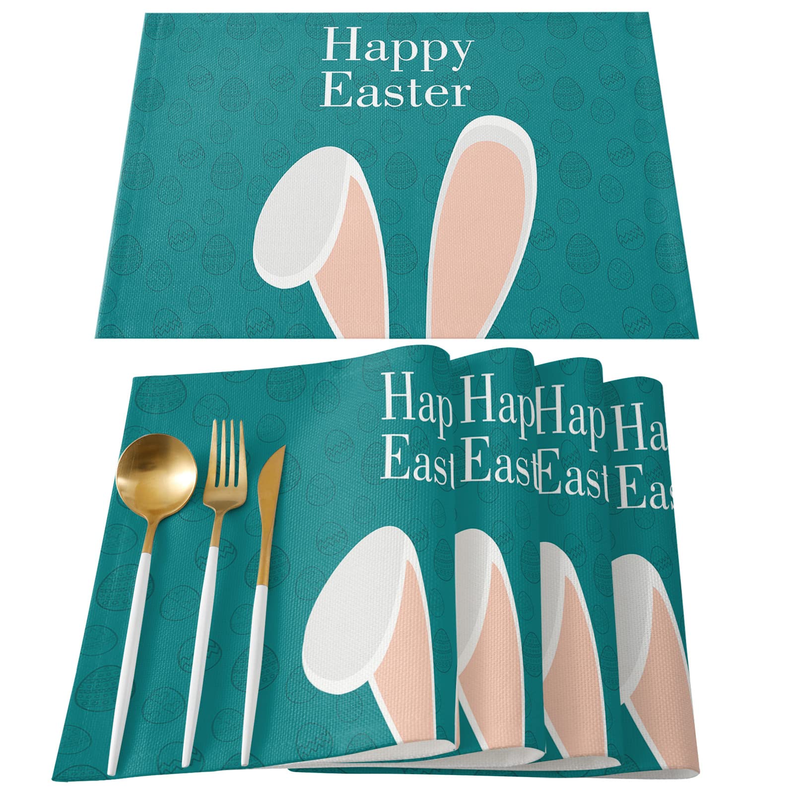 Washable Cotton Linen Placemats Set of 4 - Non-Slip Heat Resistant Table Mats for Dining Kitchen, Farmhouse Style with Easter Bunny Eggs Design - Perfect for Holiday Dinners, Family Gatherings & Home Decor