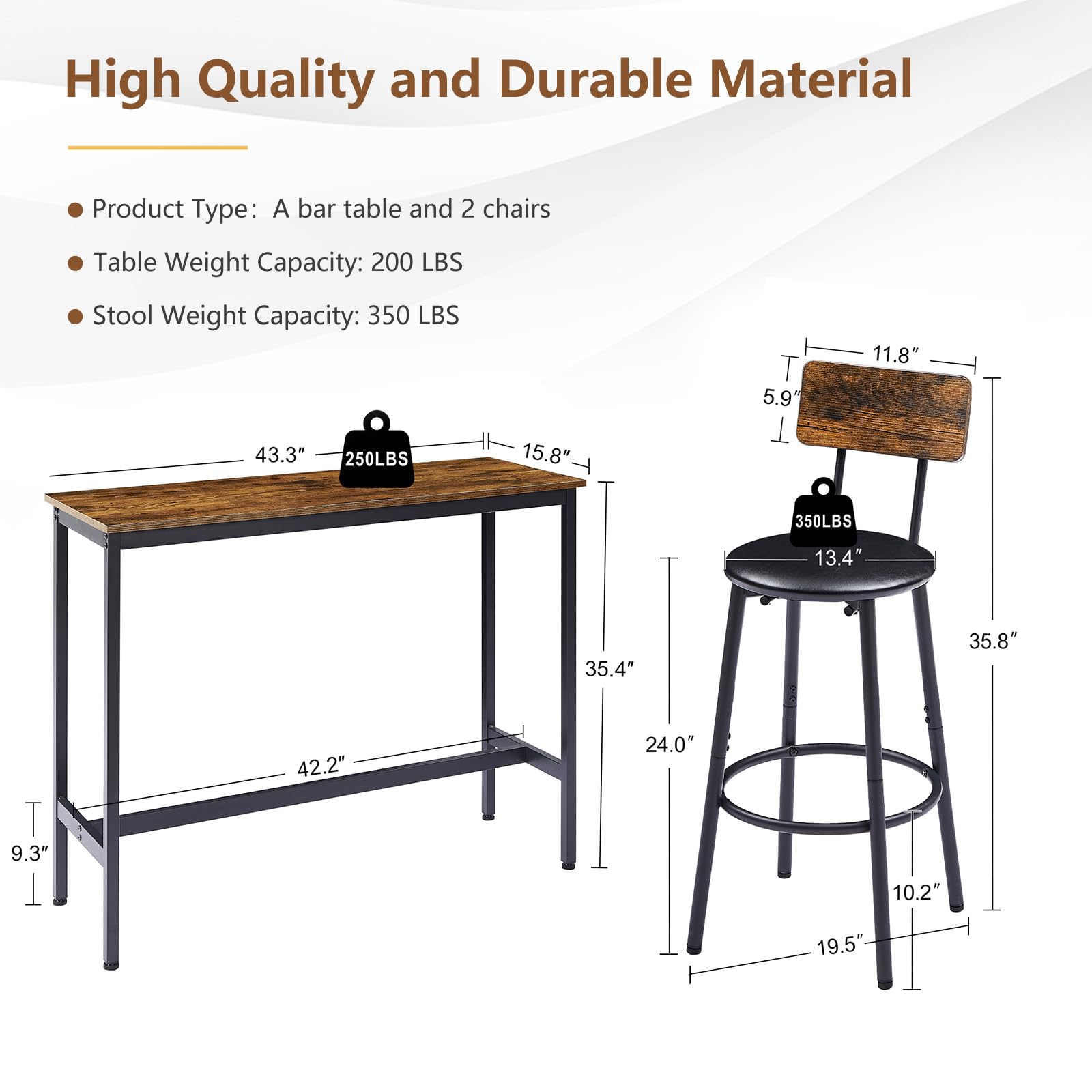 Industrial 3-Piece Bar Table Set with 2 Stools - Tatub Counter Height Small Dining Table & Chairs in Brown | Perfect for Kitchen, Breakfast Nook & Small Space Living