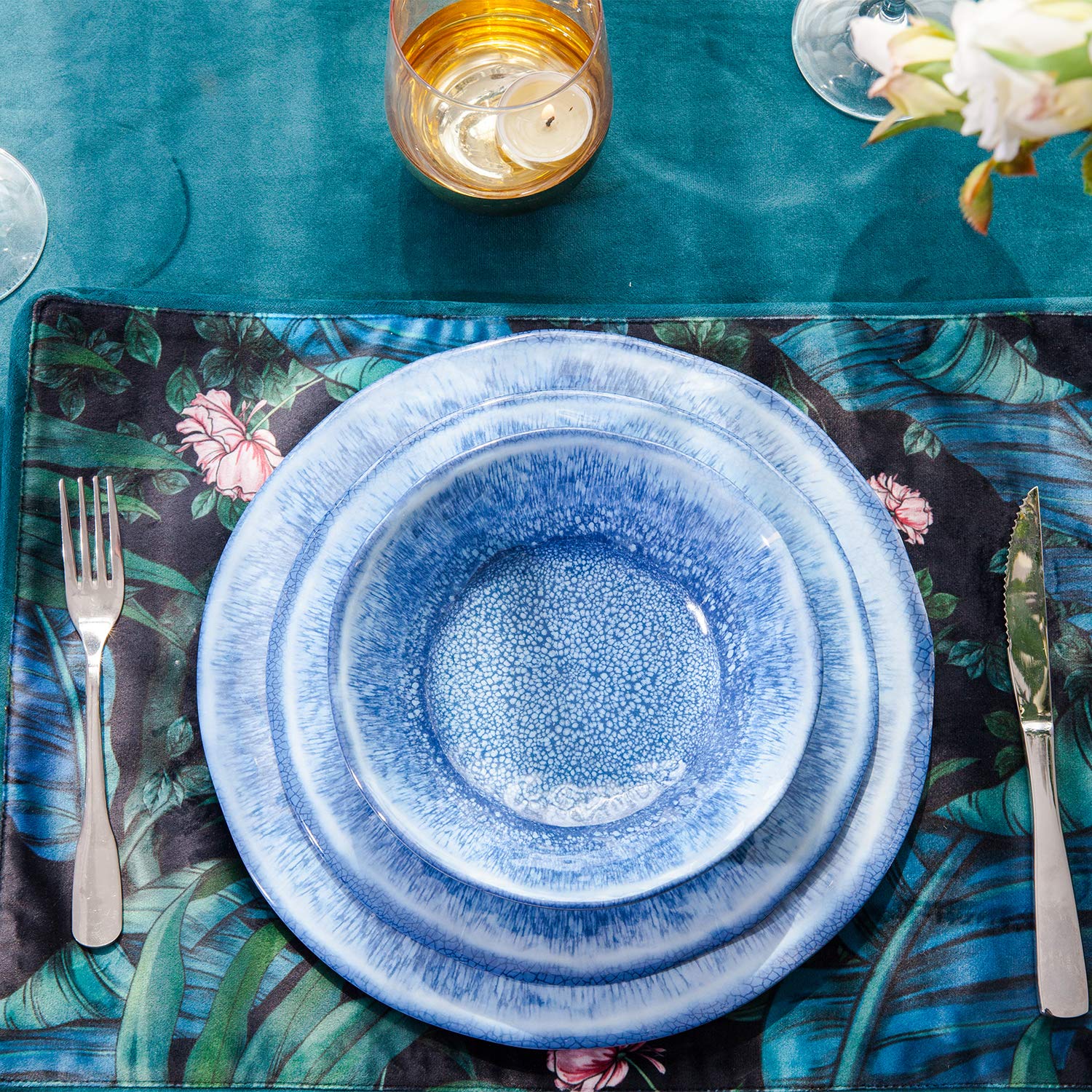 12-Piece Blue Melamine Dinnerware Set - Shatterproof, Dishwasher Safe Plates & Bowls - Perfect for Indoor Dining, Outdoor Picnics, Camping & Parties