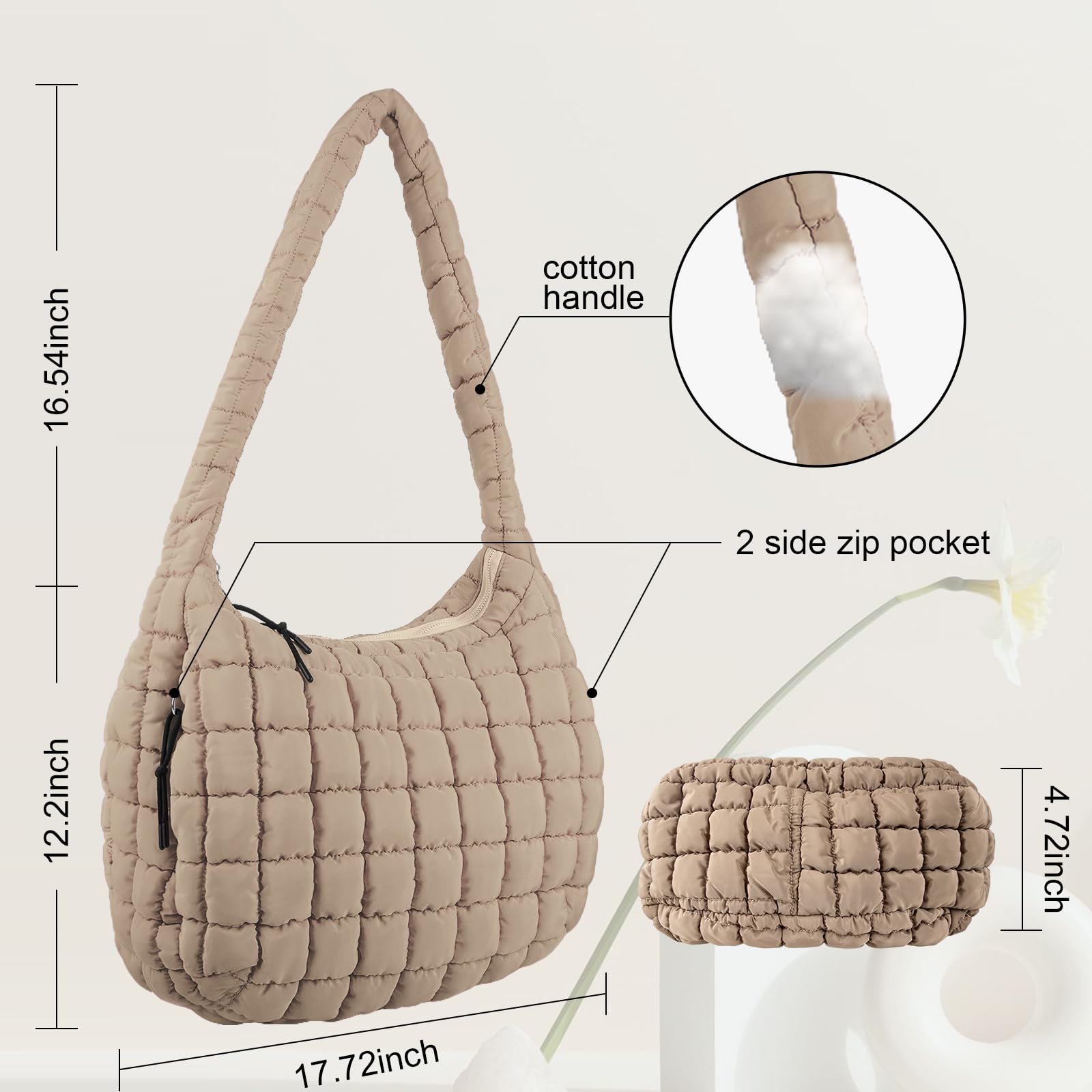 Quilted Puffer Crossbody Bag for Women - Large Lightweight Tote Shoulder Bag with Padding, Hobo Carryall Purse for Gym, Work & Travel | Casual Outfits, Daily Commute & Shopping