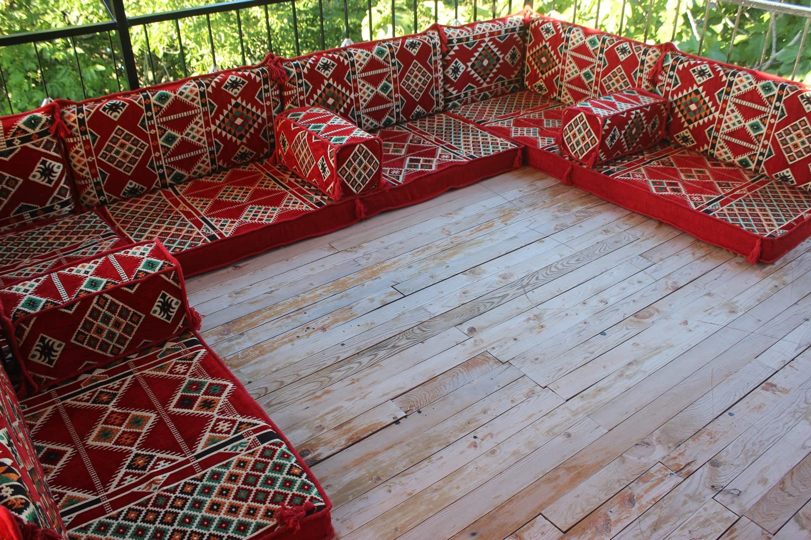 U-Shaped Floor Sofa Set - Red Modular Sectional Cushions for Living Room, Bedroom & Outdoor Patio Furniture | Oriental Decor Bench Sofa with Comfortable Floor Seating