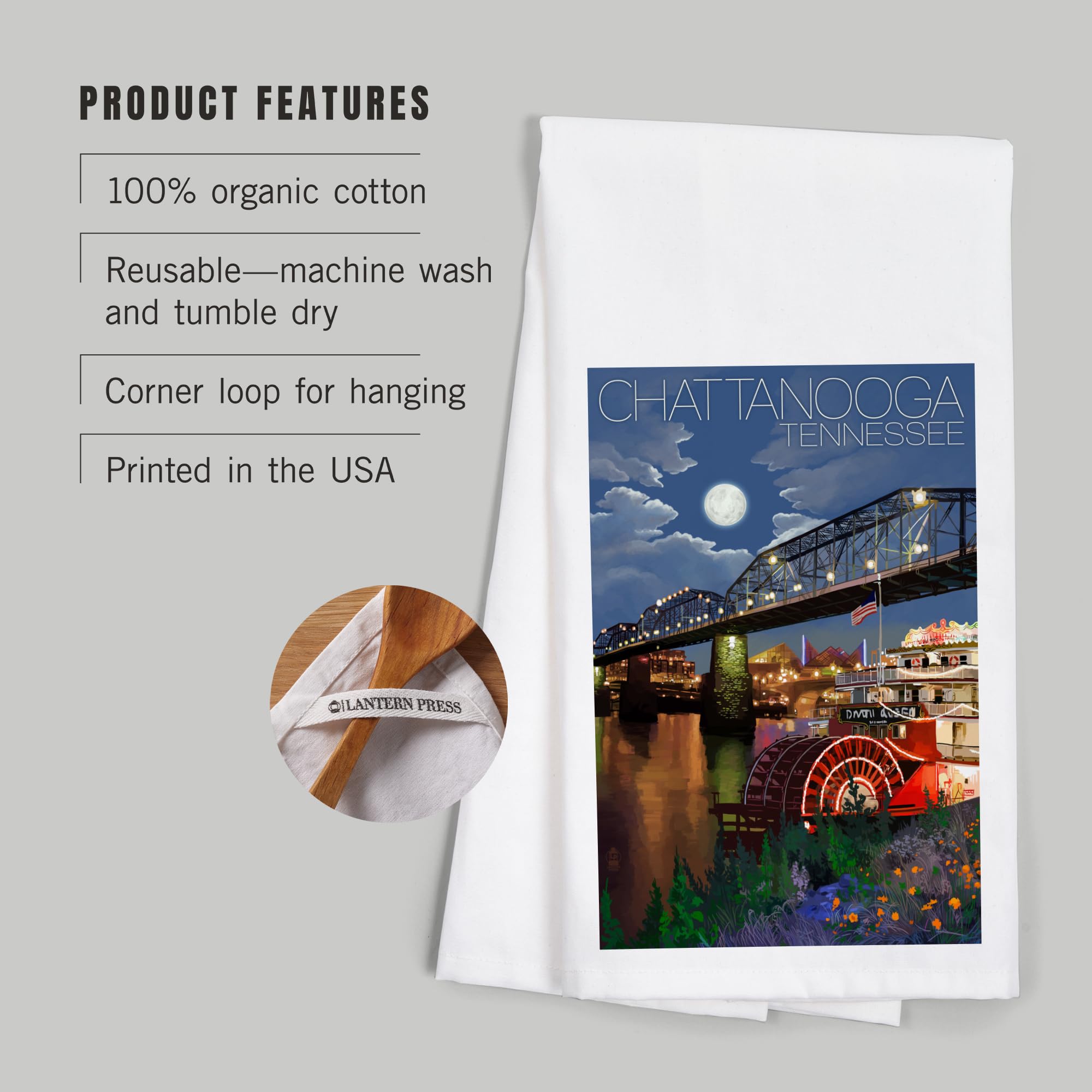 Lantern Press Chattanooga Tennessee Skyline at Night - 100% Cotton Tea Towel, Decorative Hand Towel for Kitchen & Home - Perfect for Dish Drying, Wall Decor & Gift Giving