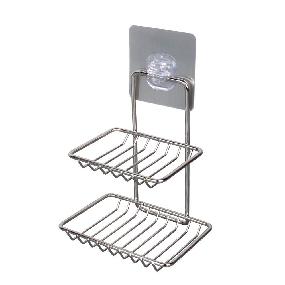 Stainless Steel Wall Mounted Double Layer Soap Dish Holder - Rustproof Bathroom & Kitchen Soap Storage Rack with Self-Adhesive Sticker (Silver) - Perfect for Shower, Sink Countertop, and Vanity Organization