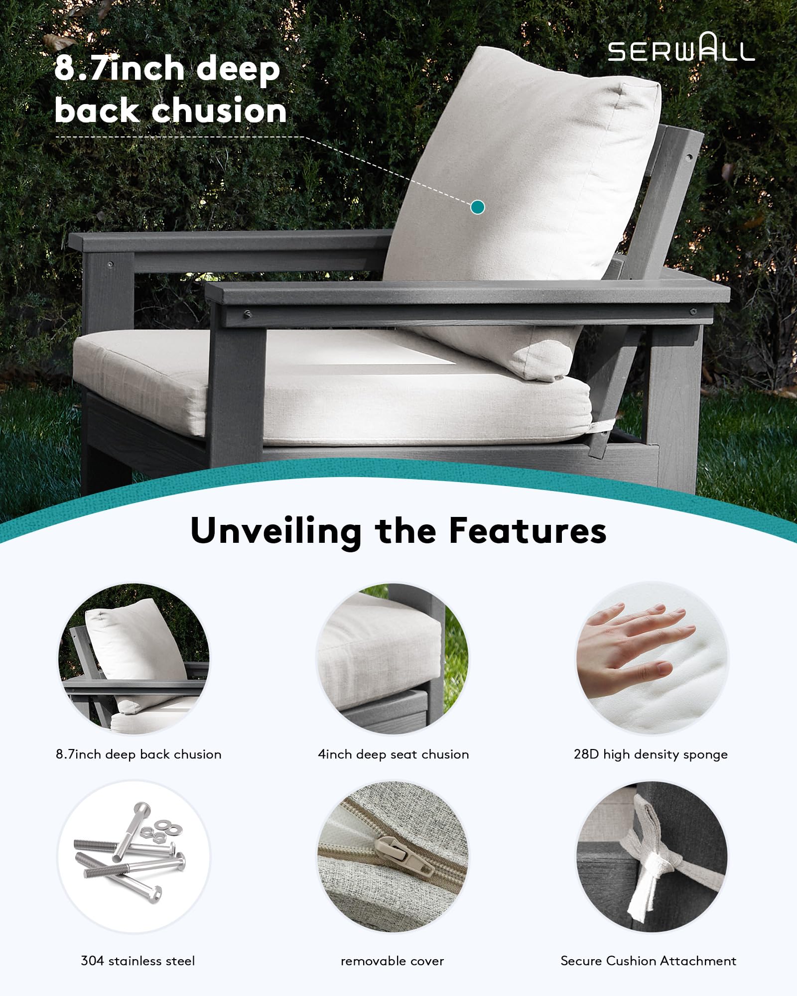 SERWALL 6-Piece HDPE All-Weather Outdoor Patio Furniture Set - Grey Sectional Couch with Cushions for Deck, Garden, Backyard & Poolside Relaxation | Durable Conversation Set for Lawn, Porch & Outdoor Living Spaces