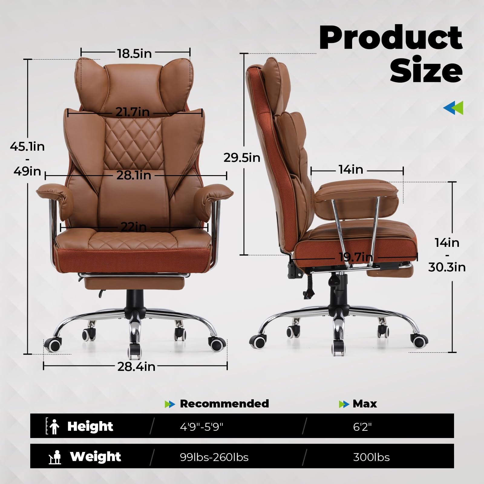 COMHOMA Big and Tall Office Chair - High Back Ergonomic Executive Chair with Footrest & Lumbar Support | Premium Leather Gaming Chair for Home & Office | Perfect for Long Work Hours, Gaming Sessions and Relaxation