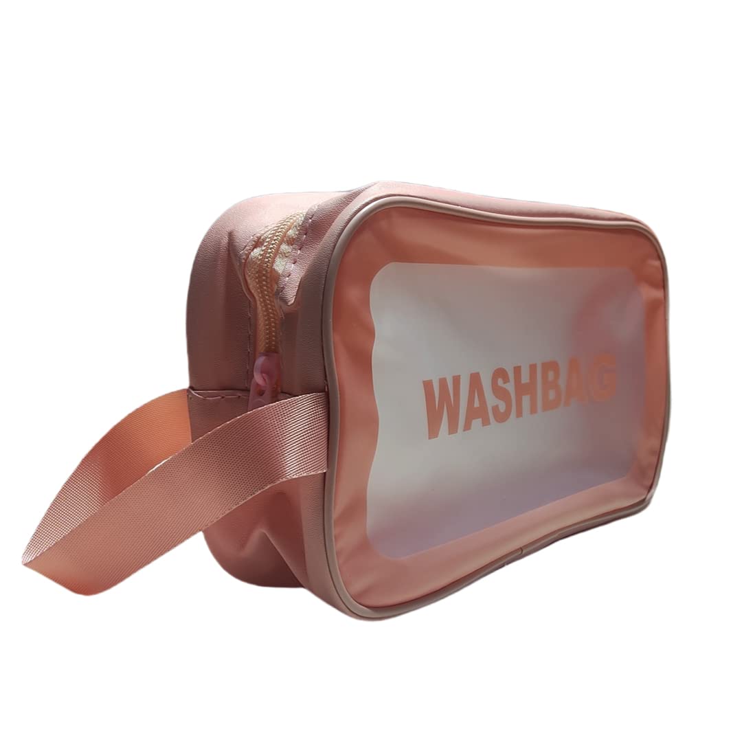 Clear PU Travel Cosmetic Organizer Bag - Waterproof Makeup Pouch & Toiletry Bag for Women & Girls (Pink, Medium Size) | Perfect for Air Travel, Gym, Beach & Daily Organization