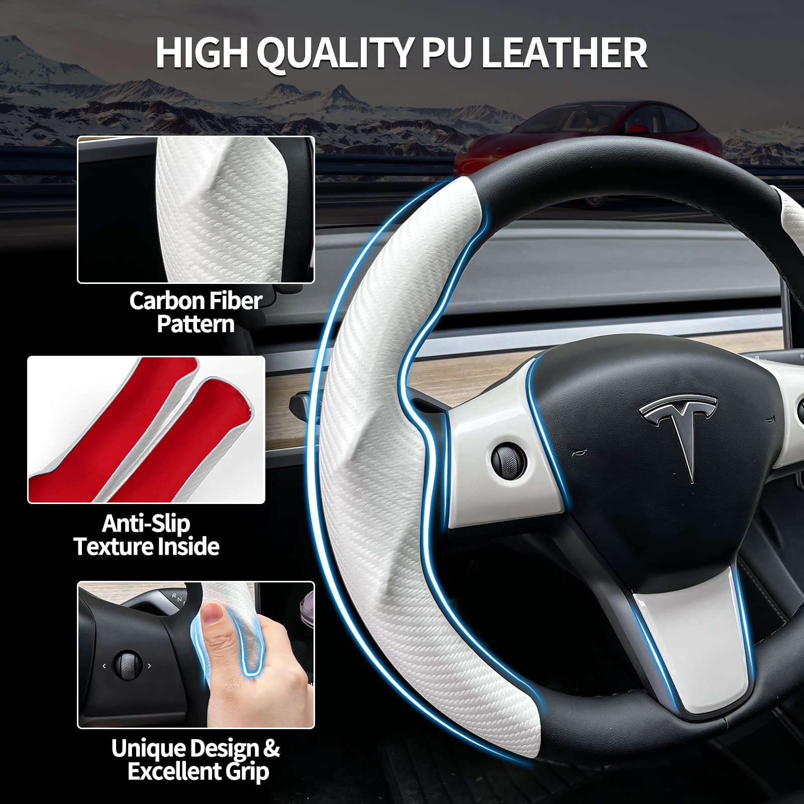 Premium Carbon Fiber Steering Wheel Cover & ABS Wrap Kit for Tesla Model 3/Y - White | Enhances Grip & Style | Perfect for Daily Commute & Road Trips