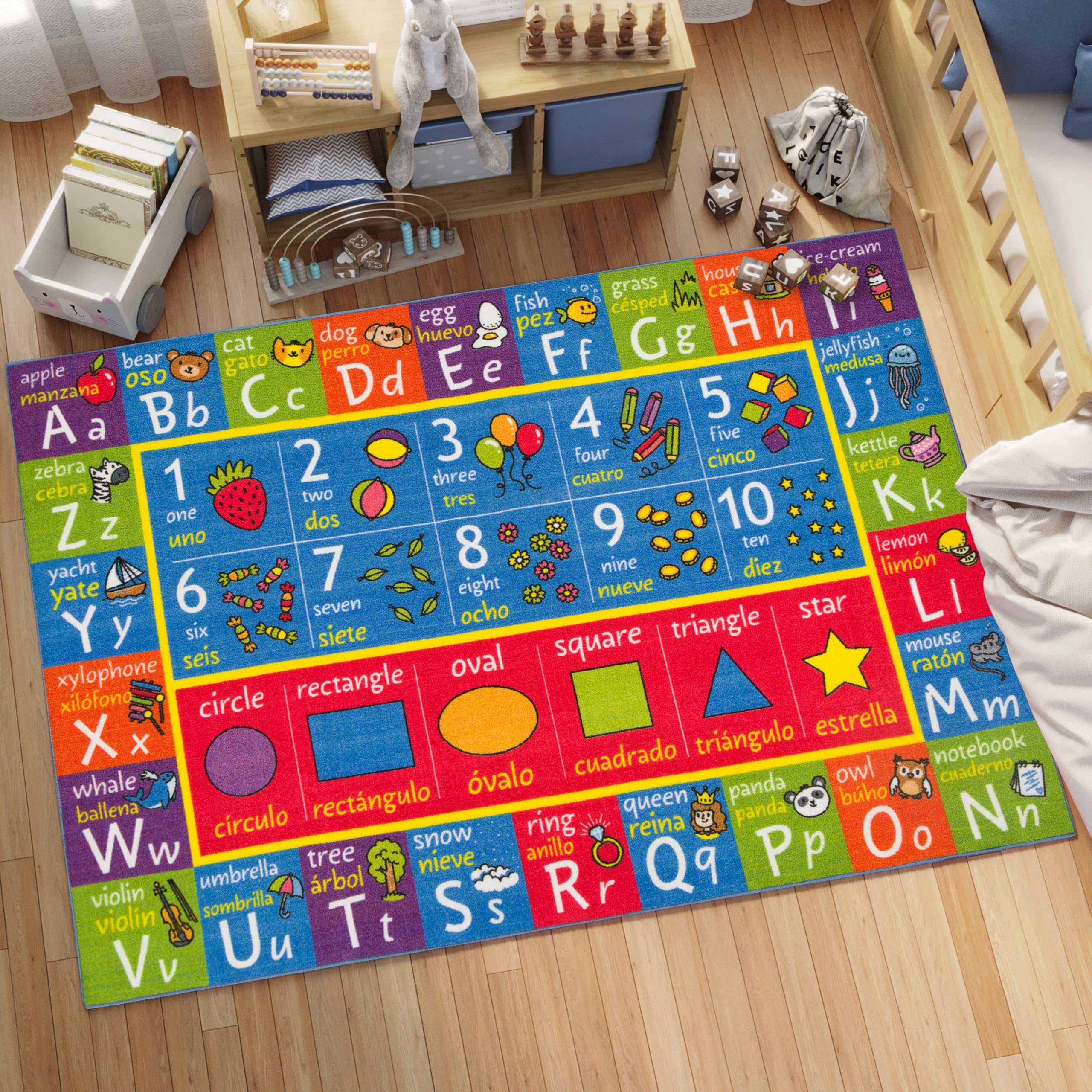 KC Cubs ABC Alphabet, Seasons, Days & Spanish Bilingual Educational Rug - Kids Learning Play Mat for Bedroom, Classroom & Playroom - Perfect for Toddler Activities & Early Childhood Education