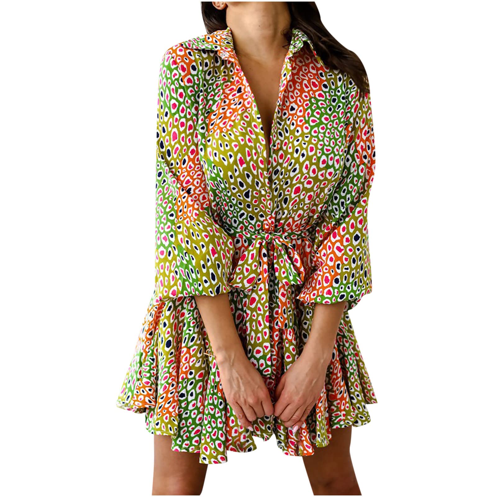 2022 Women's Casual Lapel Print Long Sleeve Tie-Waist Shirt Dress - Perfect for Office Wear, Date Night & Spring Outfits