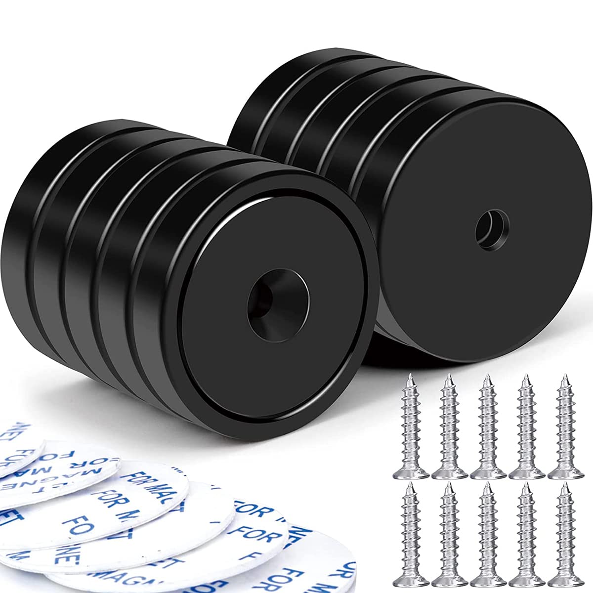 10Pcs Neodymium Magnets with Countersunk Hole - 110LB Heavy Duty Rare Earth Round Base Magnets with Screws & Adhesive Tapes - Strong Cabinet, Blackboard, Refrigerator Magnets (Black) - Perfect for Home Organization, DIY Projects & Office Use