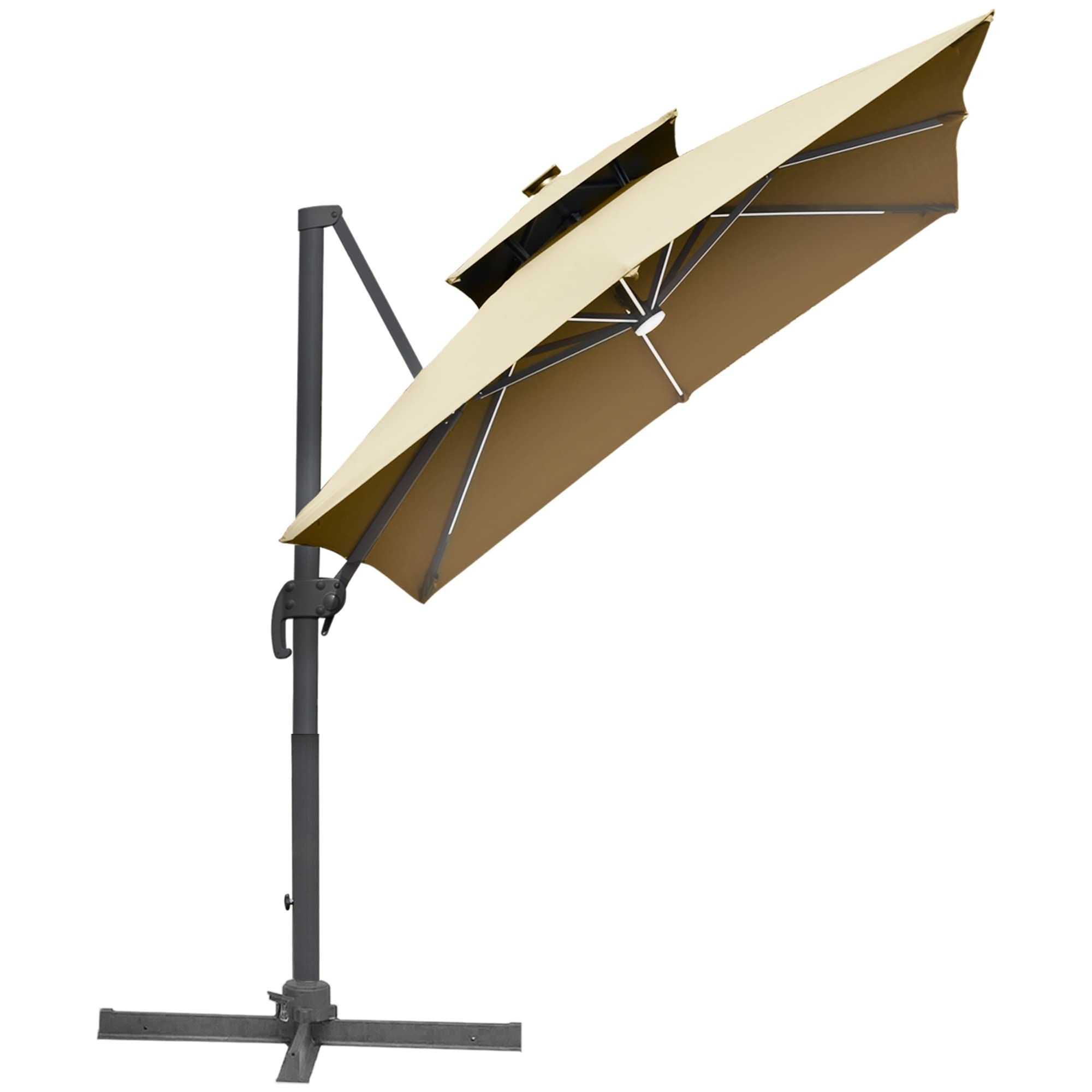 Outsunny 10FT Cantilever Patio Umbrella with Solar LED Lights & Power Bank, Double Top Outdoor Offset Umbrella - 360° Rotation, Tilt, Crank & Cross Base - Perfect for Garden, Poolside, Backyard, and Outdoor Dining Areas