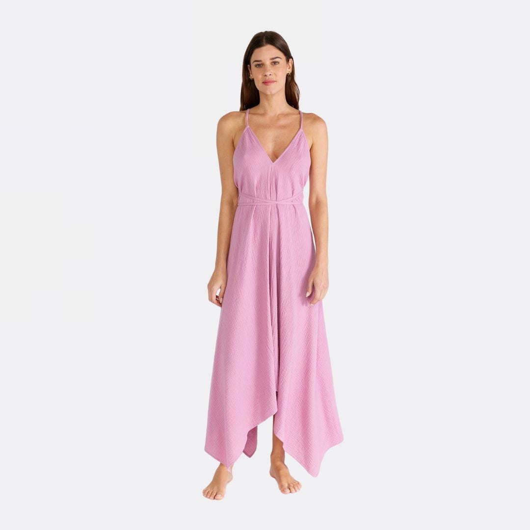 Boho Sleeveless Cross Back Handkerchief Maxi Dress for Women - Floral Print Summer Beach Dress (Orchid) | Perfect for Vacations, Music Festivals & Boho Chic Outfits