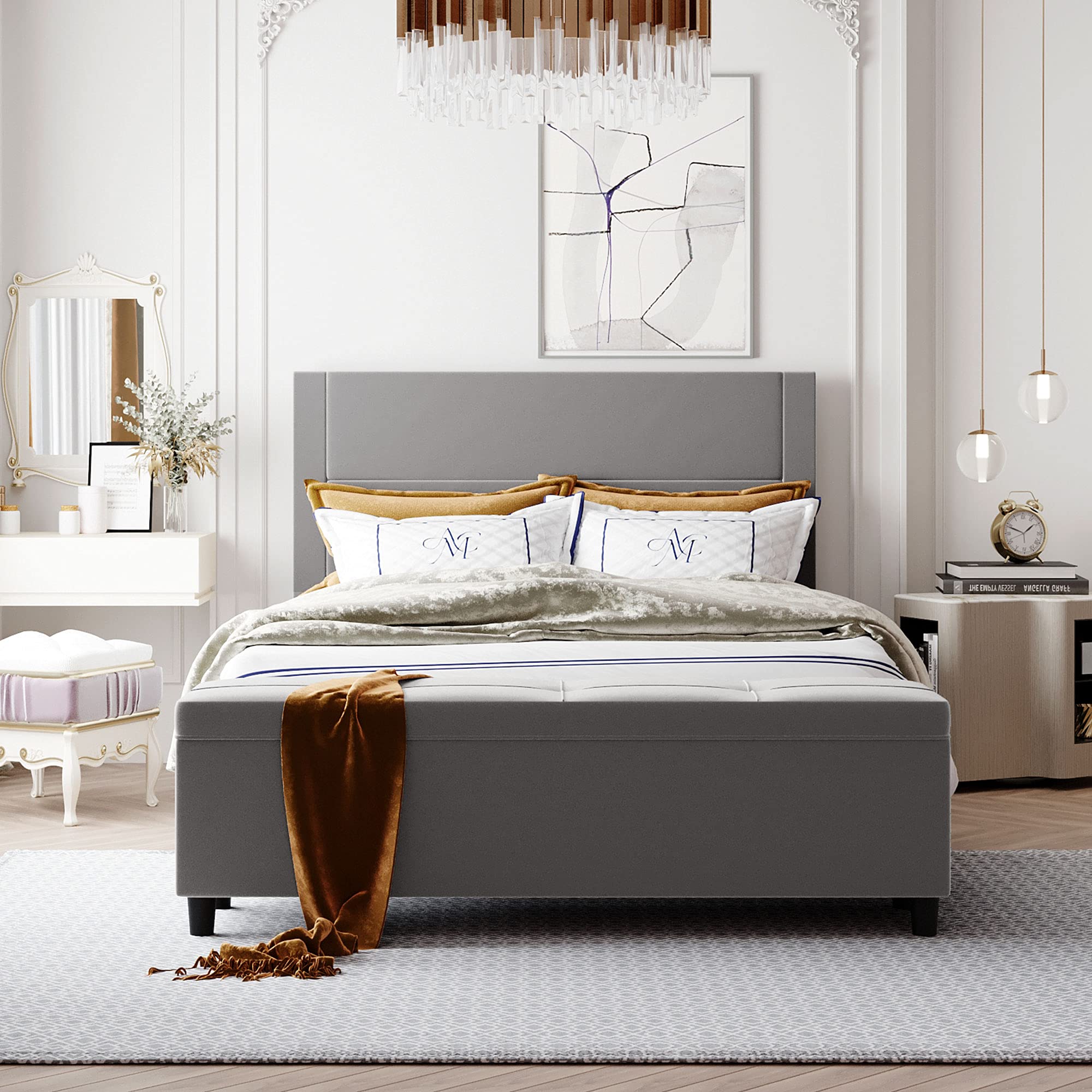 Upholstered Queen Size Storage Bed Frame with Headboard & Ottoman - No Box Spring Needed, Easy Assembly (Light Gray) - Perfect for Small Bedrooms, Guest Rooms & Space-Saving Solutions