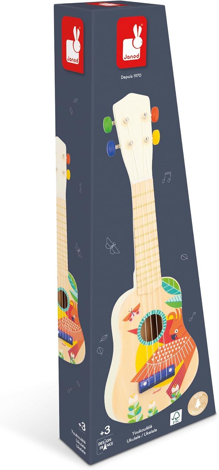 Janod Gioia Wooden Ukulele for Kids - Premium Children's Musical Instrument with Natural Finish - Perfect for Beginners, Gifts & Home Music Play