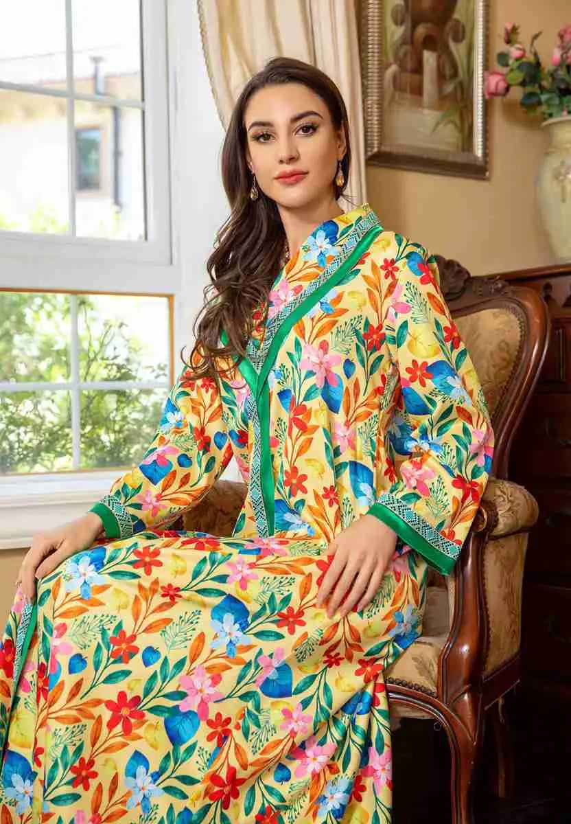 Elegant Hotfix Rhinestone Flower Printed Kaftan Dress - Eid Jalabiya Abaya for Women | Perfect for Eid Celebrations, Weddings & Special Occasions