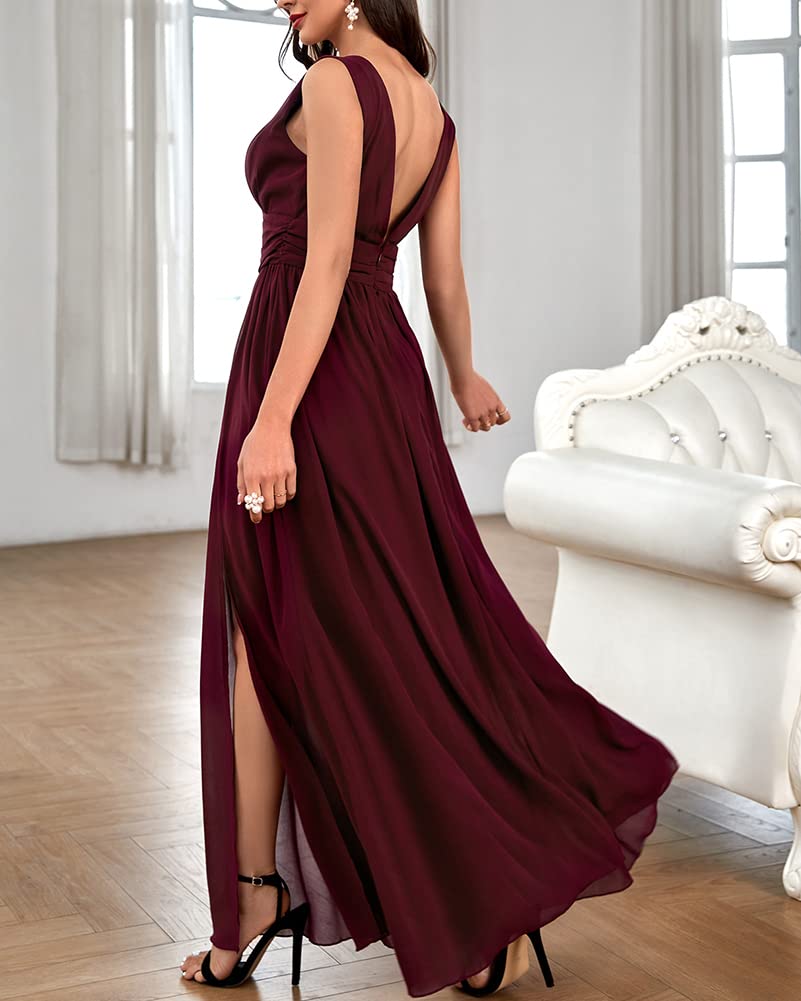 Elegant Summer Flowy Bridesmaid Maxi Dress - V-Neck Formal Prom Long Gown with High Slit for Women | Perfect for Weddings, Beach Parties & Evening Events