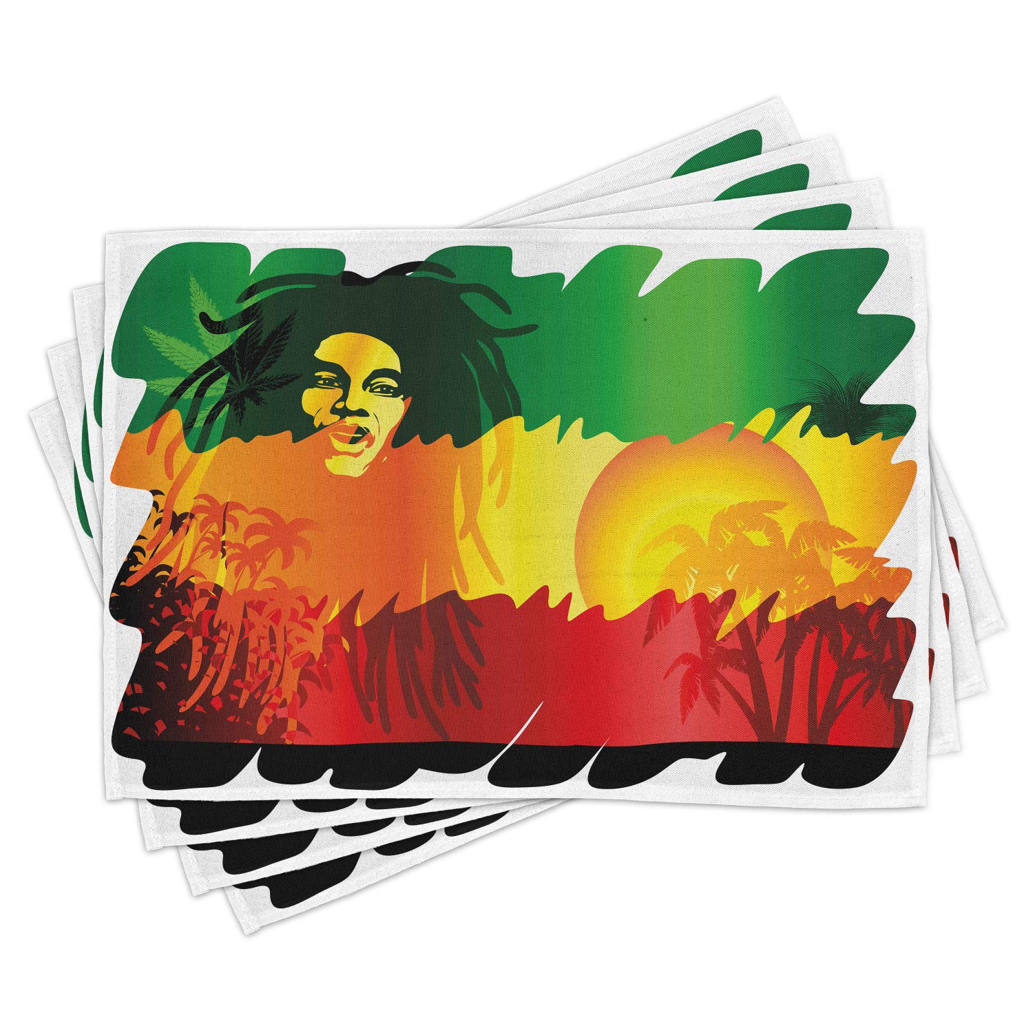 Ambesonne Rasta Place Mats Set of 4 - Reggae Music Inspired Abstract Design with Sun & Palm Trees - Washable Fabric Table Mats for Dining Room & Kitchen Decor in Green, Yellow, Red & Orange - Perfect for Reggae Themed Parties, Tropical Dining & Boho Home Decor
