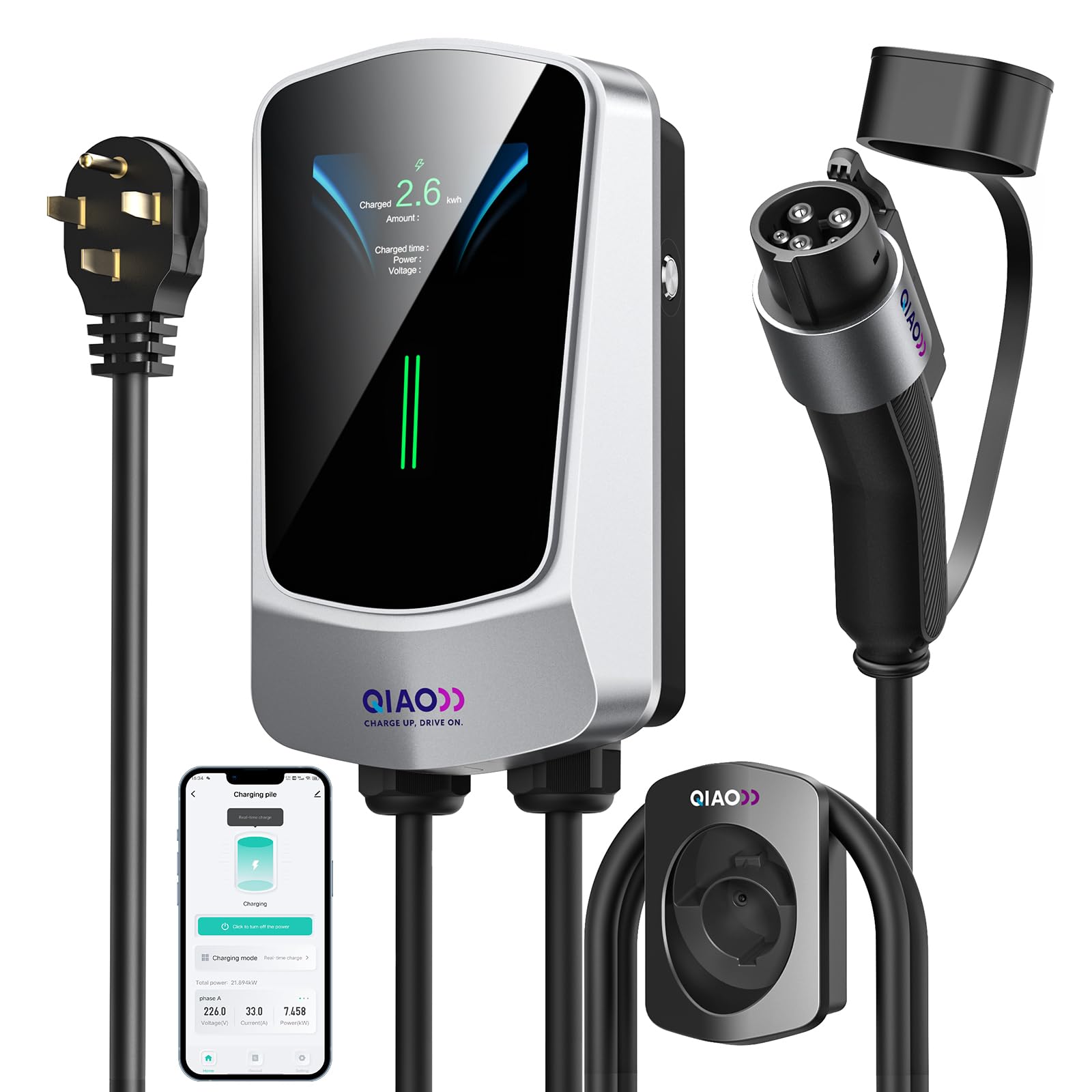 QIAO Level 2 EV Charger 40A - Smart Wi-Fi & Bluetooth Electric Vehicle Charging Station with 4.3