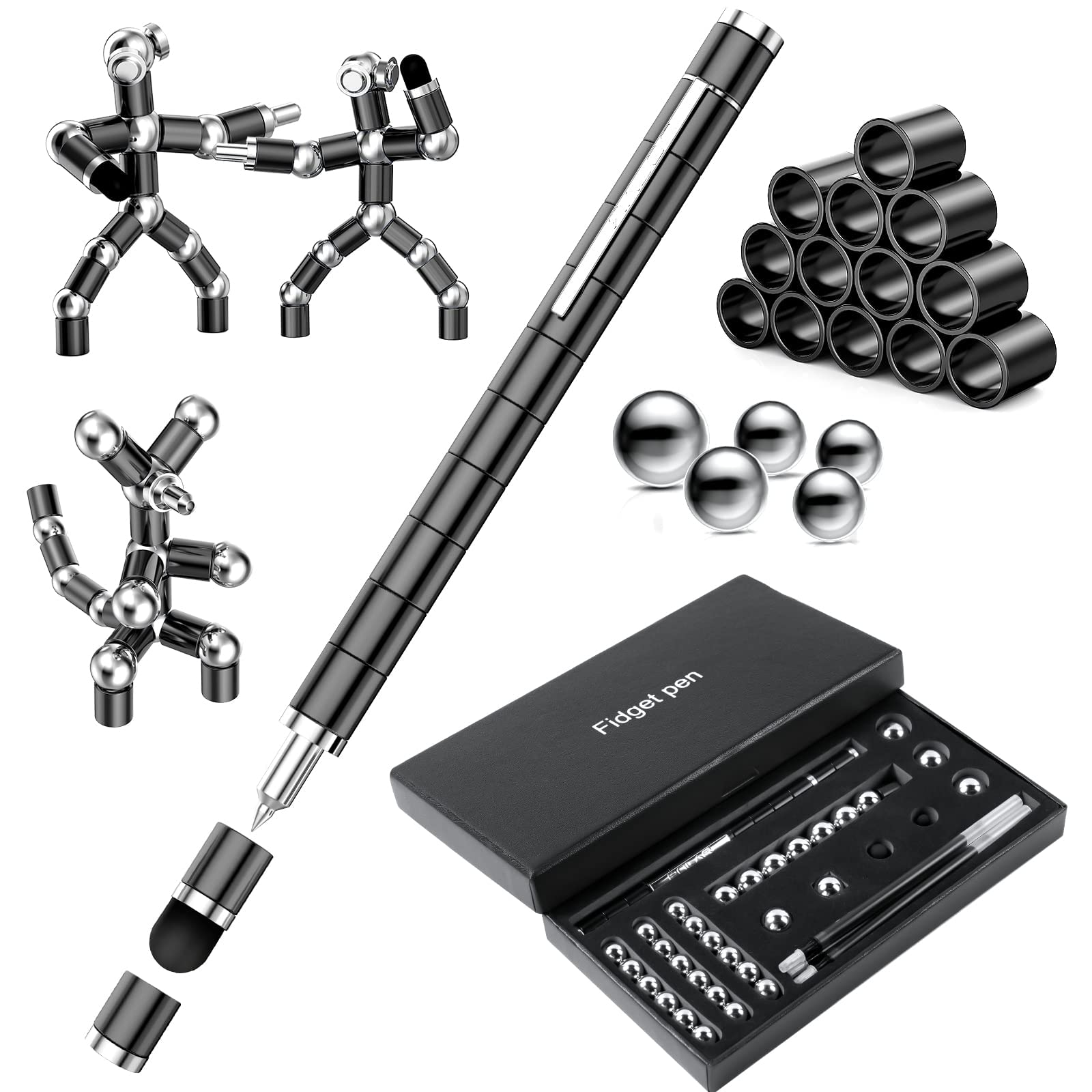 QWQHI Magnetic Metal Pen Set - Stylized Fun Decompression Ballpoint Pen, Screen Touch Pen & Writing Pen, Multi-Accessory Gift (Black) - Perfect for Office, School & Stress Relief Gifts