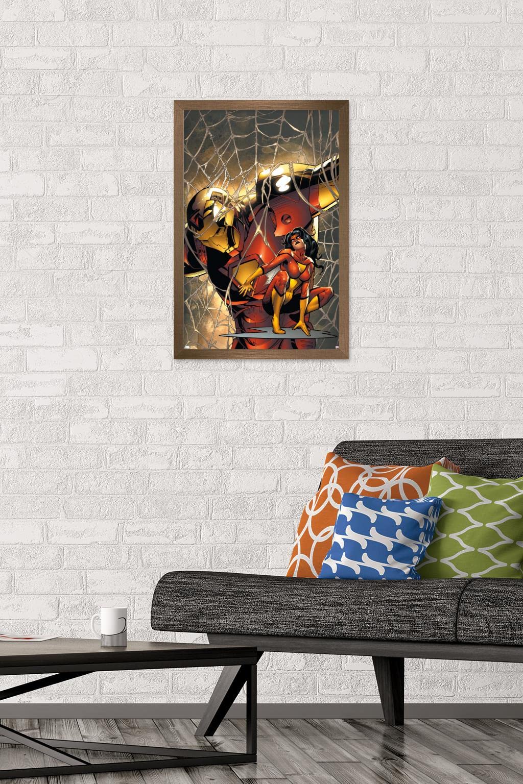 Trends International Marvel Comics Spider Woman & Iron Man #10 Wall Poster - 22.4x14.7 Inches Bronze Framed Art Print | Superhero Room Decor, Comic Book Collector Gift, Home Theater Display