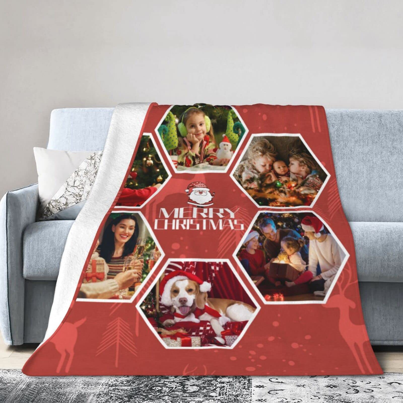 Merry Christmas Throw Blanket - Cozy Winter Holiday Fleece Flannel Blanket with Red Reindeer Design | Personalized Custom Blanket with 6-Photo Collage | Perfect for Sofa, Bed & Holiday Decor