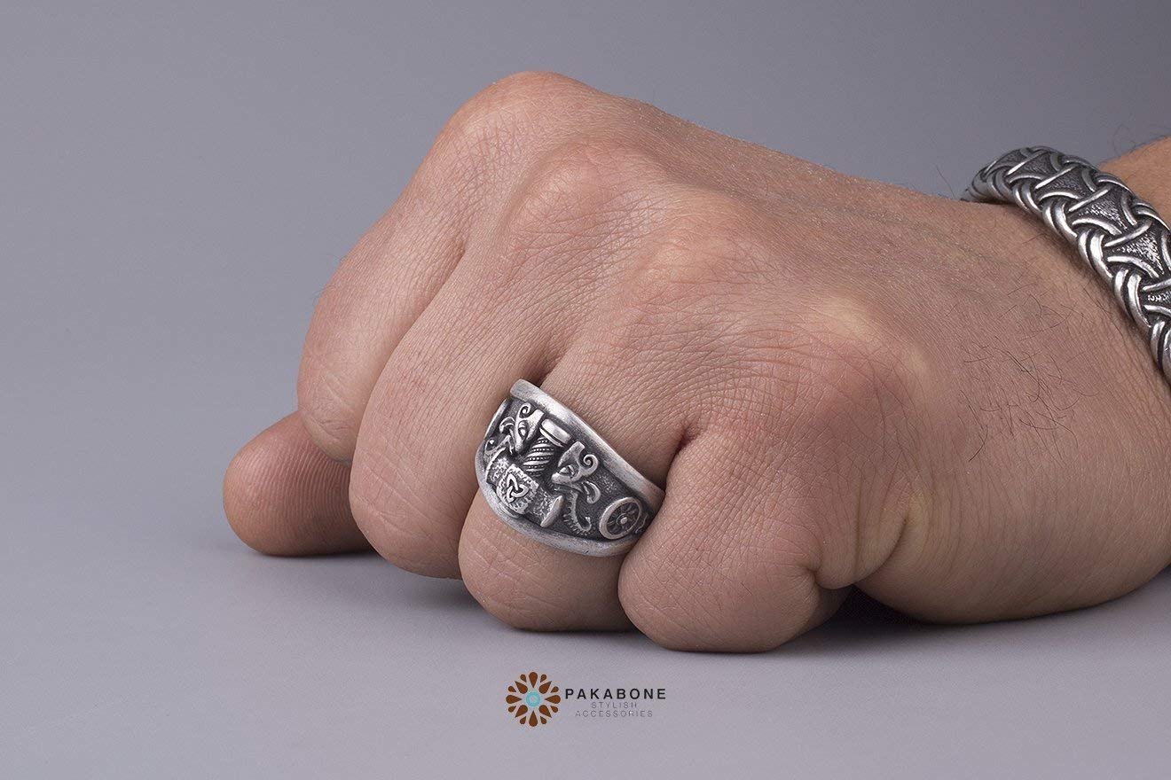Viking Ring - Thor's Hammer Mjolnir with Tanngrisnir & Tanngnjóstr Goats & Valknut Symbol - Norse Mythology Jewelry for Men - Perfect for Viking Lovers, Cosplay & Medieval Reenactments