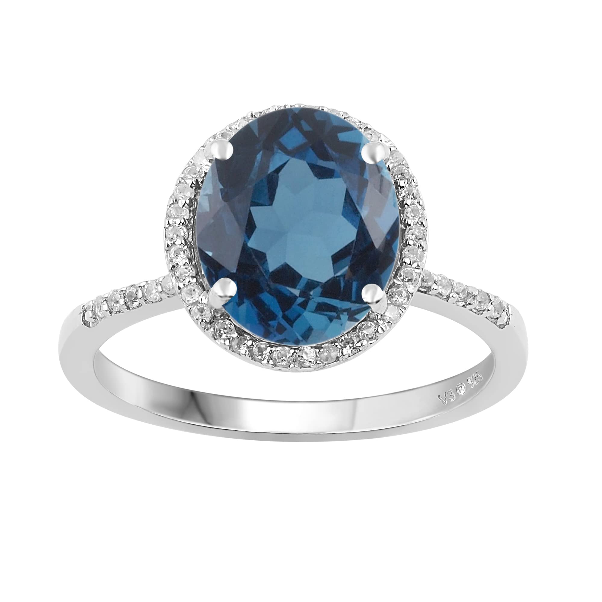 Natural London Blue Topaz & White Topaz Halo Sterling Silver Ring | Elegant Jewelry for Women, Engagement, Wedding, Anniversary Gift