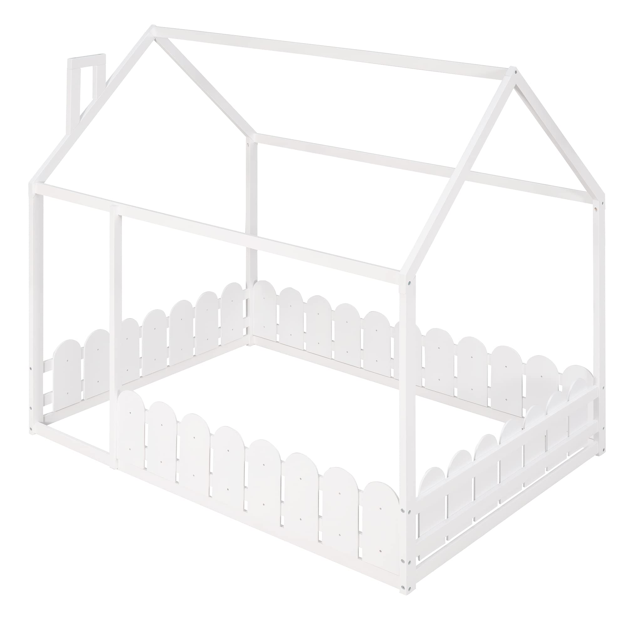 P PURLOVE Full Size House Bed Frame - Twin Montessori Floor Bed for Kids & Teens | Playhouse Bed with Fence & Roof | Safe & Fun Sleeping Space for Boys & Girls | Perfect for Bedrooms, Playrooms & Montessori Learning Environments (White)
