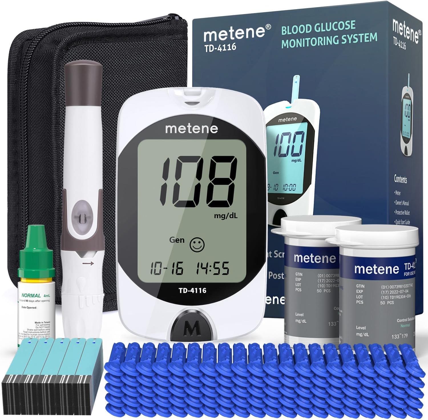 Metene TD 4116 Blood Glucose Monitor Kit with 100 Test Strips & 100 Lancets - Accurate Diabetes Testing for Home Use & Travel