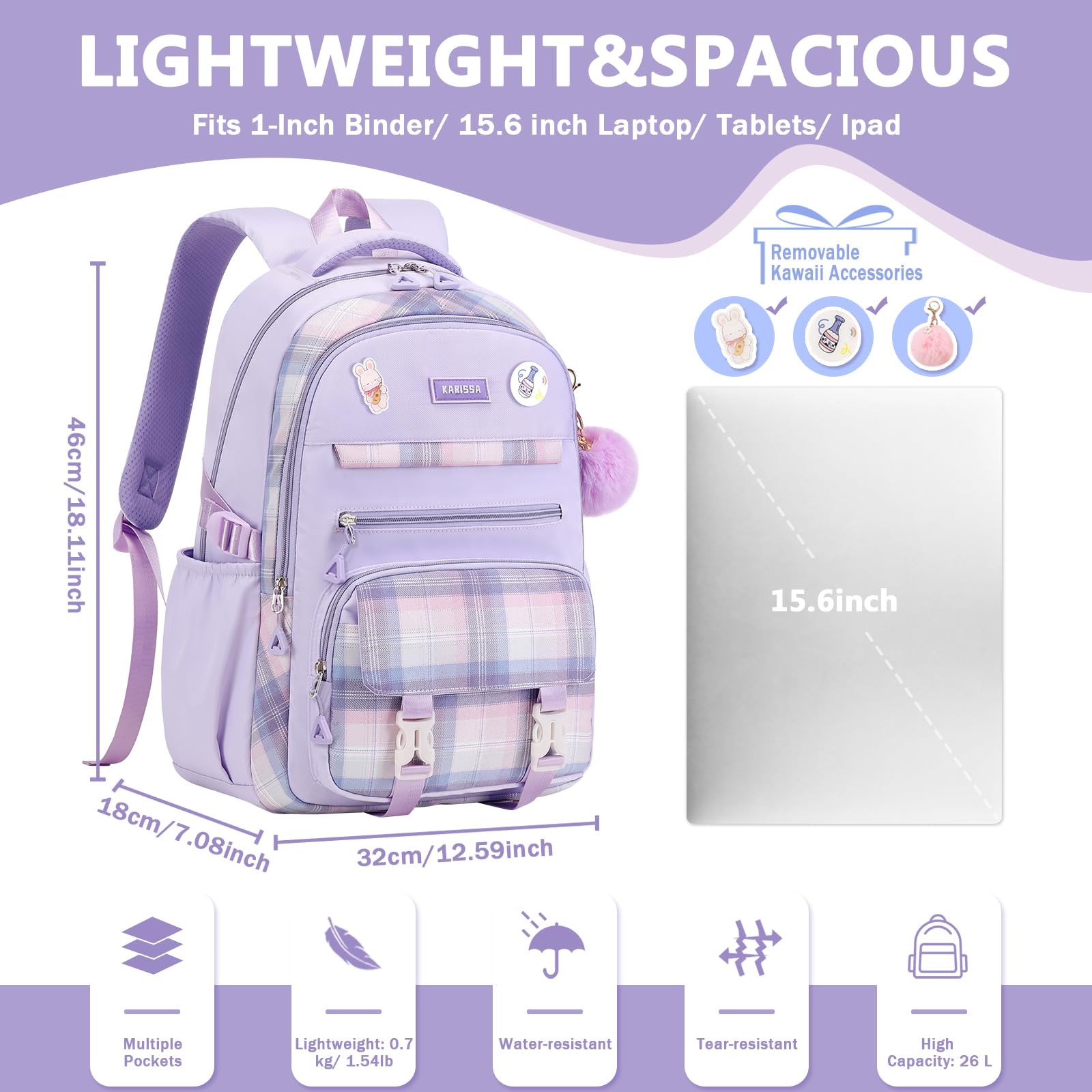 Cute Purple Girls Backpack for School - Kawaii Bookbag with Multiple Pockets for Elementary & Middle School Students (Ages 6-14) | Perfect for Daily Use, Travel & Outdoor Activities