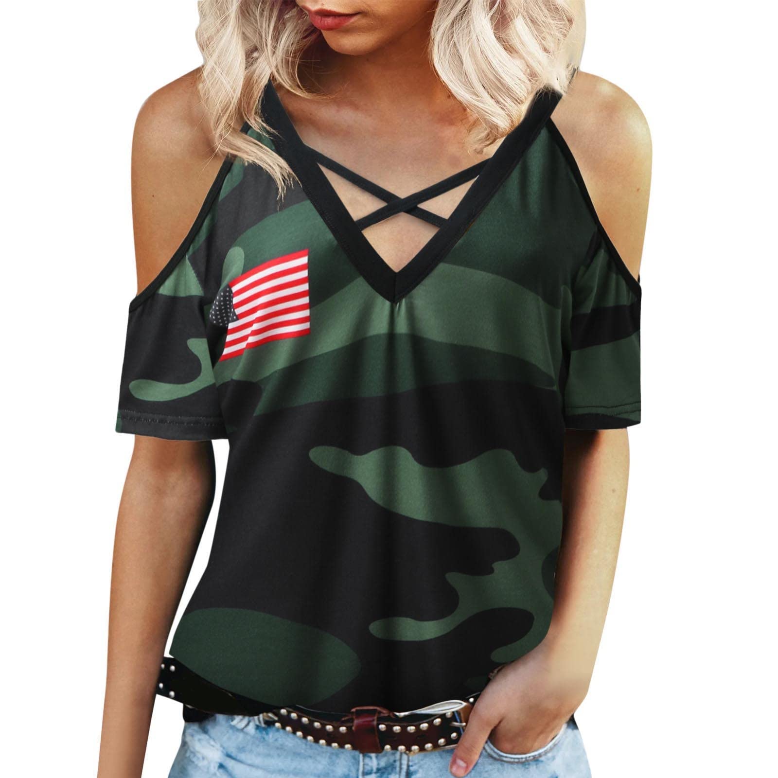 Women's Summer Fashion Sling V-Neck Off Shoulder T-Shirt - Patriotic Independence Day Printed Top for Beach, Party & Casual Wear