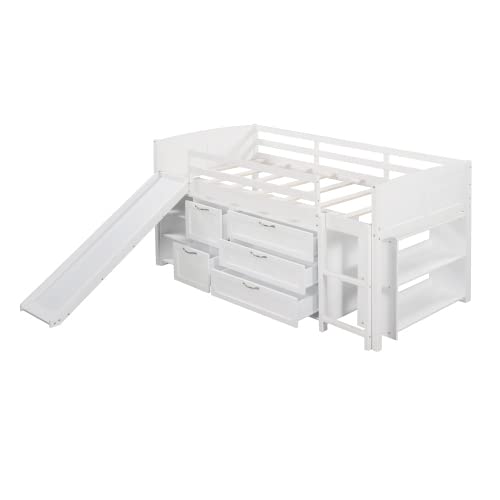 Twin Size Wood Loft Bed with Slide, Study Desk & Storage Cabinets - White | Space-Saving Kids Bedroom Furniture for Small Rooms & Dorm Rooms