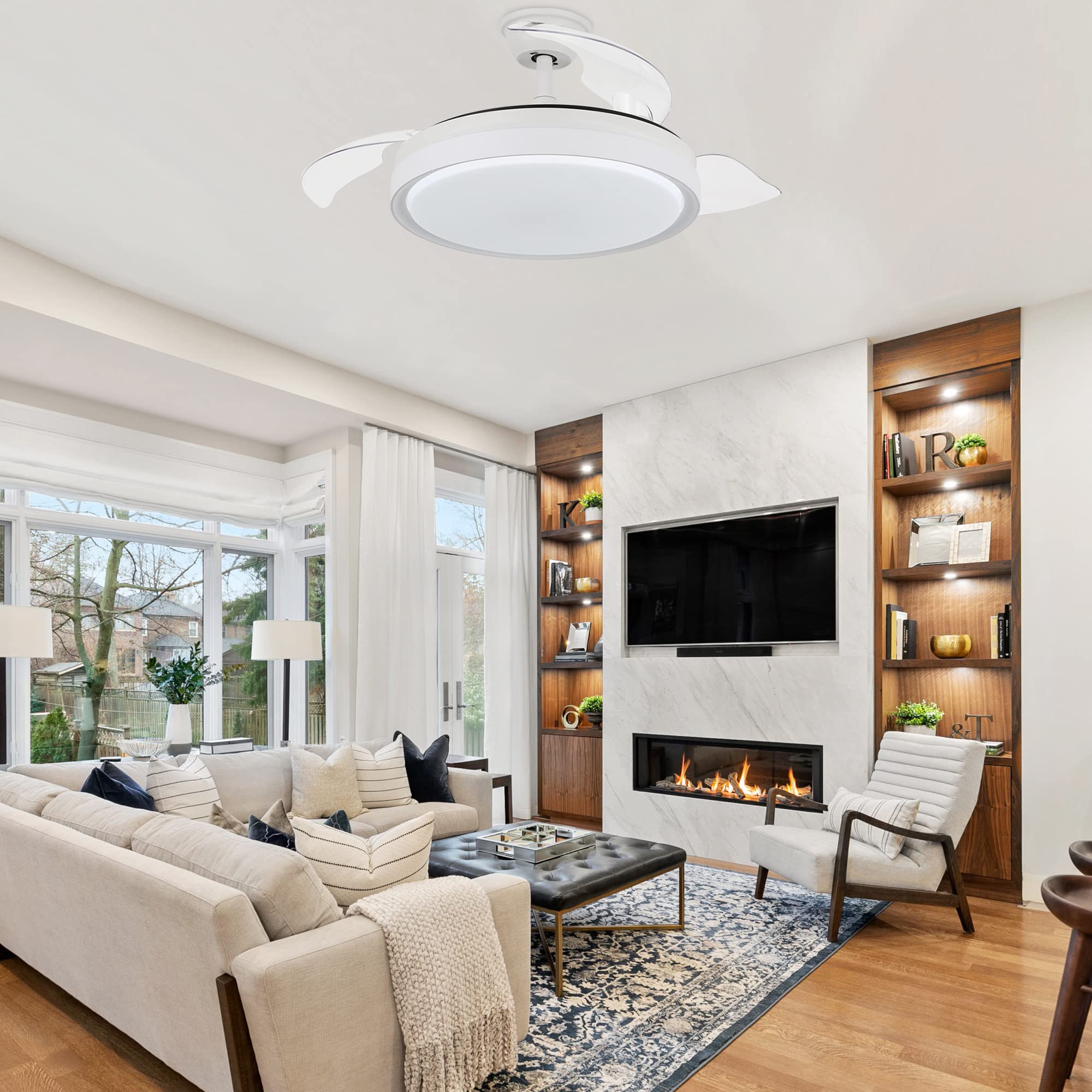 42 Inch Retractable Ceiling Fan with LED Lights & Remote Control - Modern Smart Fan with Adjustable Blades, 6 Speed DC Motor, 3 Color Temperatures & Timer - Perfect for Bedroom, Living Room & Office