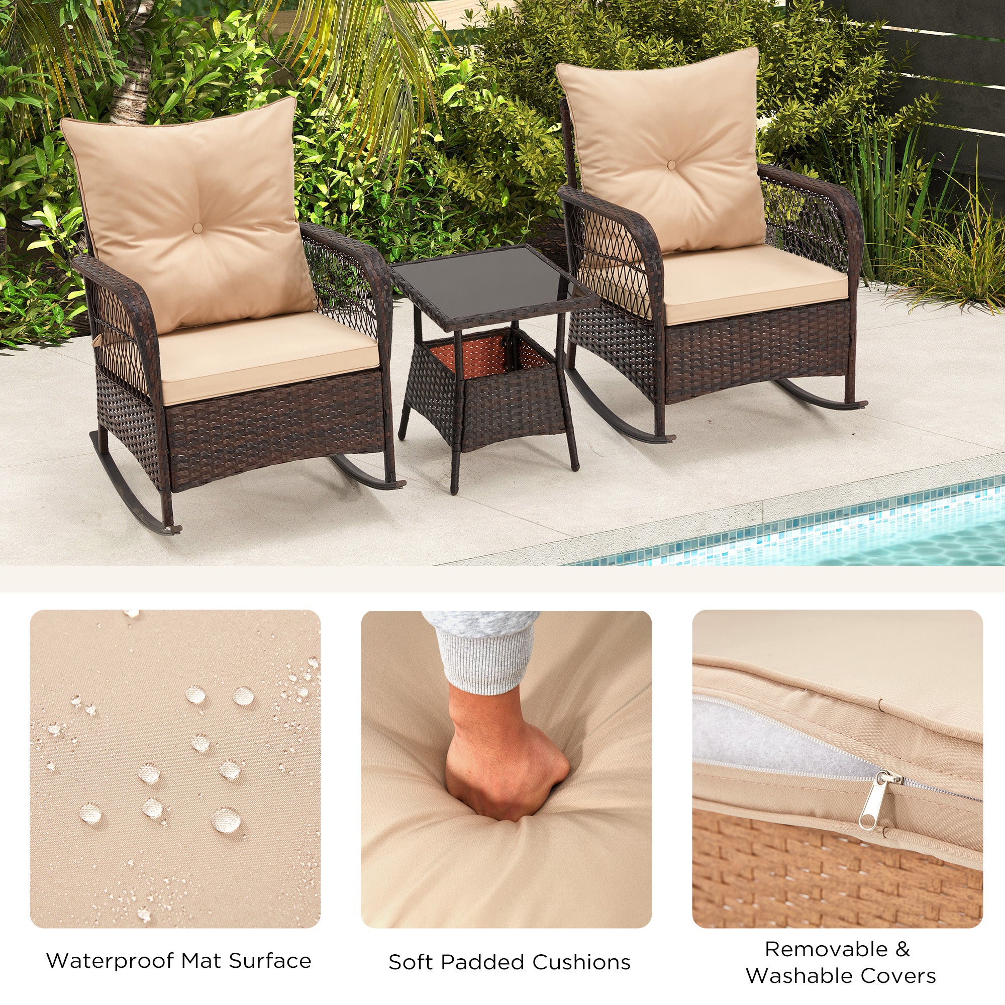 EROMMY 3-Piece Rocking Bistro Set - Outdoor PE Rattan Rocking Chairs with Tempered Glass Coffee Table in Beige - Perfect for Patio, Garden, and Backyard Relaxation