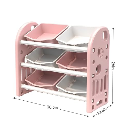 Pink Toy Storage Organizer with 6 Bins - Kids Bookshelf & Playroom Cabinet - Multifunctional Living Room Storage Solution for Toys, Books & Home Organization