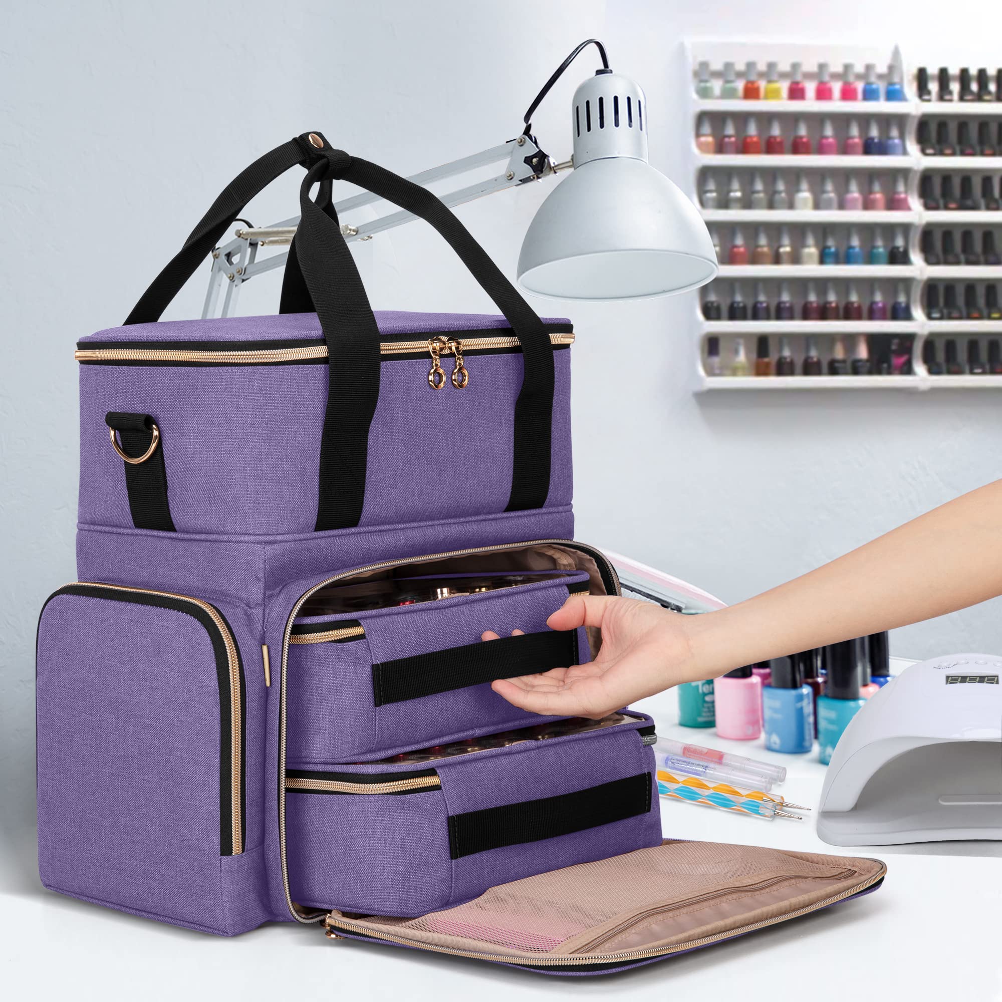 LUXJA Nail Polish Organizer Case Holds 70 Bottles & UV/LED Lamp - Portable Nail Art Storage with 2 Removable Bags & Tool Pockets - Perfect for Salon Professionals & Home Manicures (Purple)
