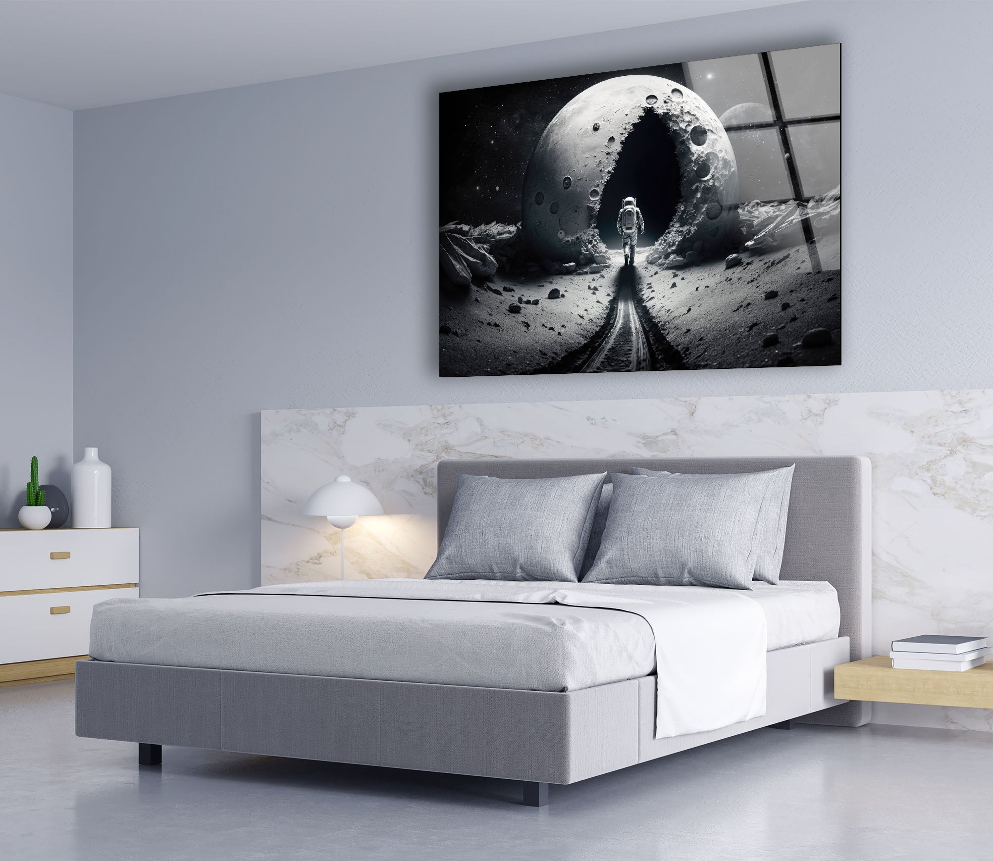 Astronaut Moonwalk Wall Art - Surreal Space Galaxy Glass Print for Home & Office Decor | Unique Sci-Fi Poster for Living Room, Bedroom, or Gift