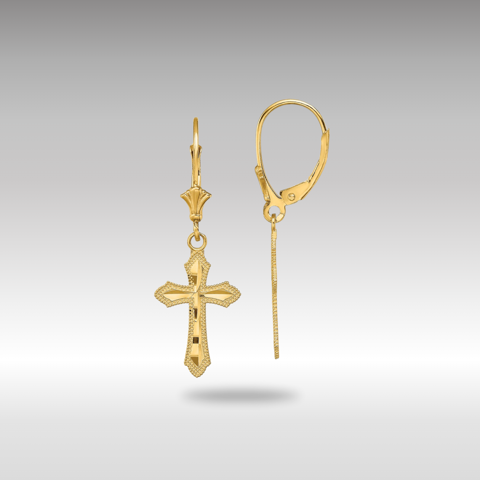 Gold Diamond Cut Cross with Beaded Edge Leverback Earrings TF1778 - Elegant Religious Jewelry for Women, Perfect for Church, Weddings & Special Occasions