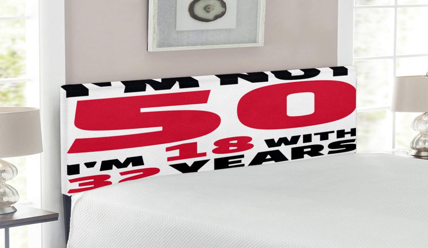 Ambesonne 50th Birthday Headboard - 'Forever 18' Slogan Upholstered Metal Bed Frame with Memory Foam, Queen Size in Red, Black & White | Perfect for Birthday Decor, Adult Bedroom Makeover & Themed Party Backdrop