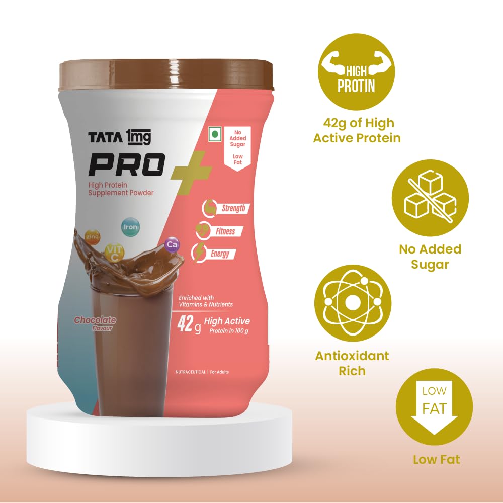 Tata 1mg Pro+ Soy Protein Powder - High Protein Supplement for Muscle Growth, Bone Strength & Energy | 23 Essential Nutrients, Low Fat, No Added Sugar, Chocolate Flavor | Ideal for Post-Workout Recovery & Healthy Lifestyle