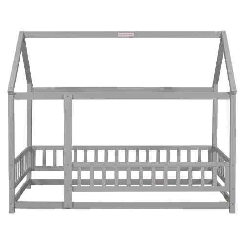 Twin Size Wooden House Bed with Roof and Safety Guardrails - Easy Assembly Bed Frame for Kids, Teens, Boys & Girls (White) - Perfect for Nursery, Bedroom, Playroom & Kids' Room Decor