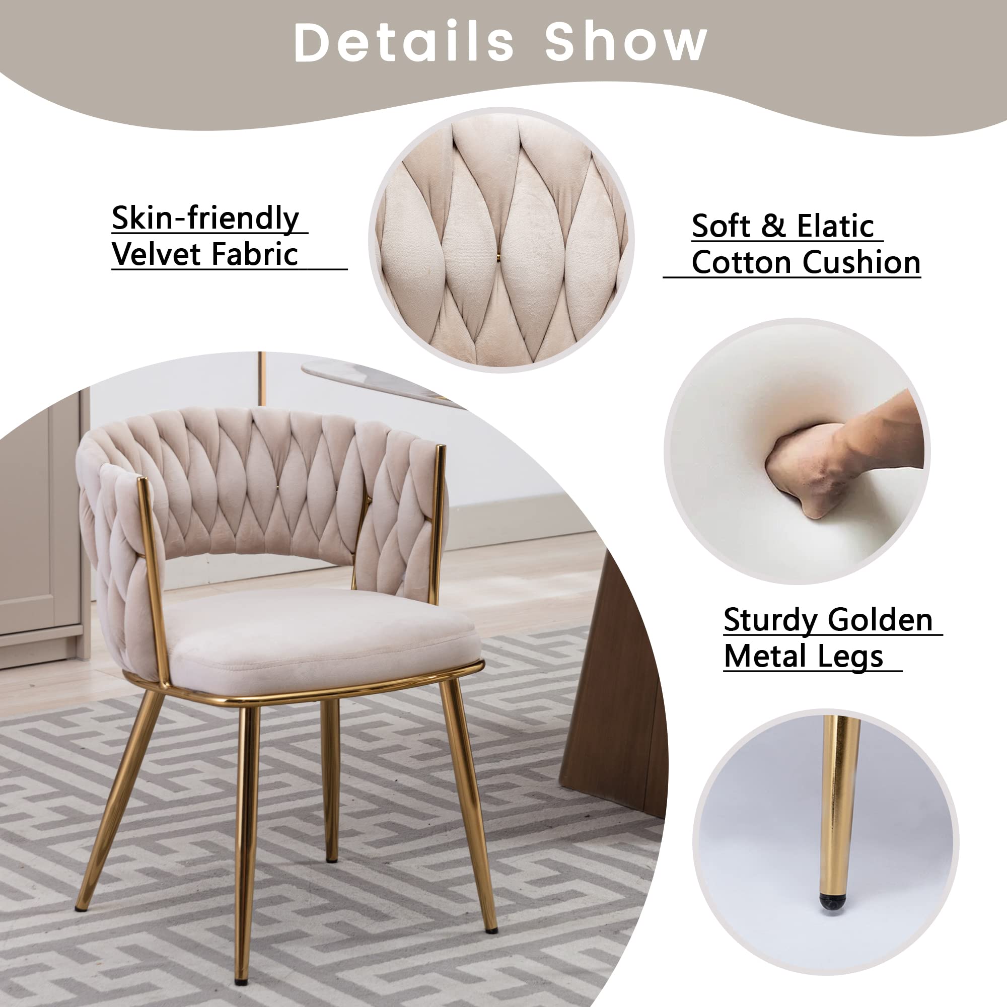 KCC Modern Velvet Dining Chairs Set of 4 - Upholstered Living Room Chairs with Woven Back & Gold Metal Legs - Mid Century Accent Side Chairs for Dining Room, Kitchen, Office - Soft Beige Velvet Fabric - Perfect for Home Decor, Entertaining Guests & Comfortable Seating